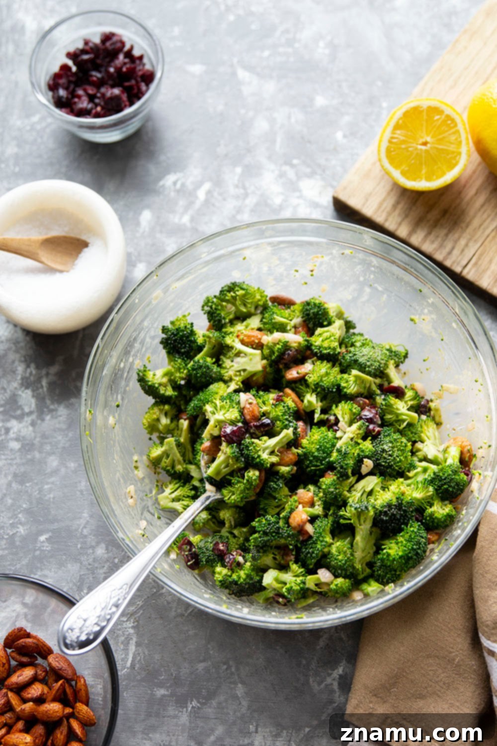 Bright Lemon Tahini Broccoli Salad with Toasted Almonds 5 This almond broccoli salad features crisp broccoli and crunchy roasted almonds tossed in a creamy lemon tahini dressing. - it will quickly become a side dish favorite!