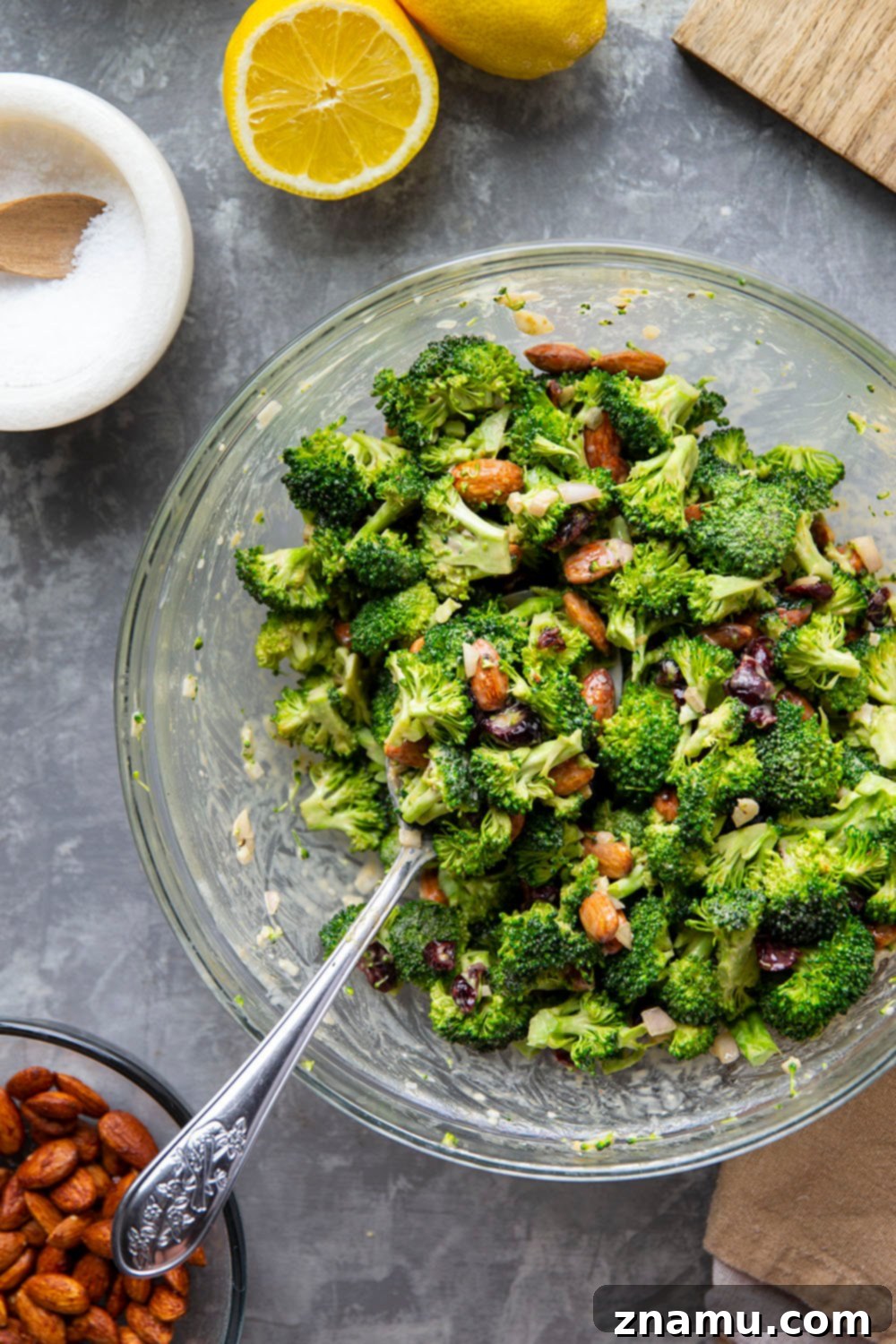 Bright Lemon Tahini Broccoli Salad with Toasted Almonds 6 This almond broccoli salad features crisp broccoli and crunchy roasted almonds tossed in a creamy lemon tahini dressing. - it will quickly become a side dish favorite!