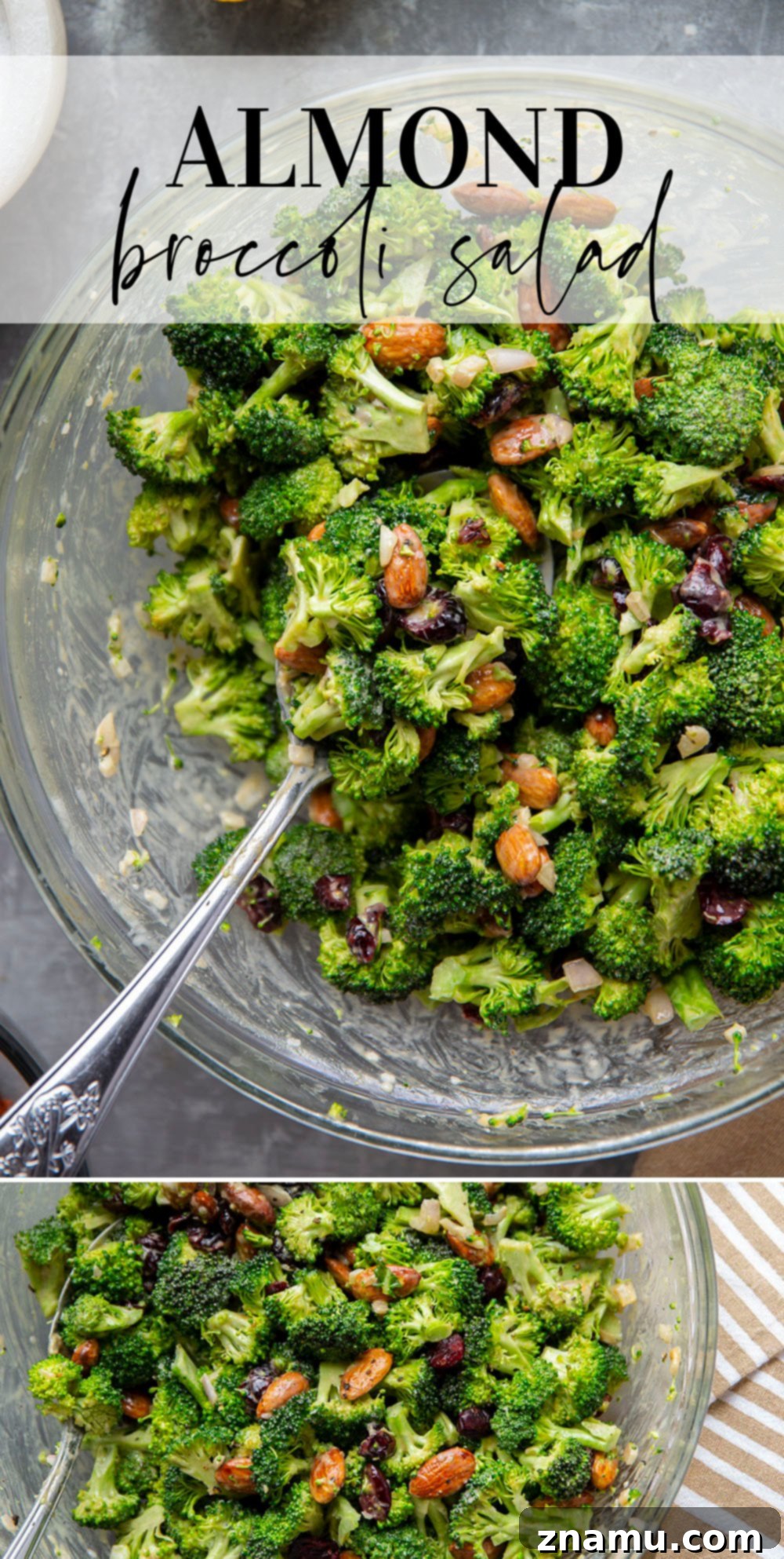Bright Lemon Tahini Broccoli Salad with Toasted Almonds 7 This almond broccoli salad features crisp broccoli and crunchy roasted almonds tossed in a creamy lemon tahini dressing. - it will quickly become a side dish favorite!
