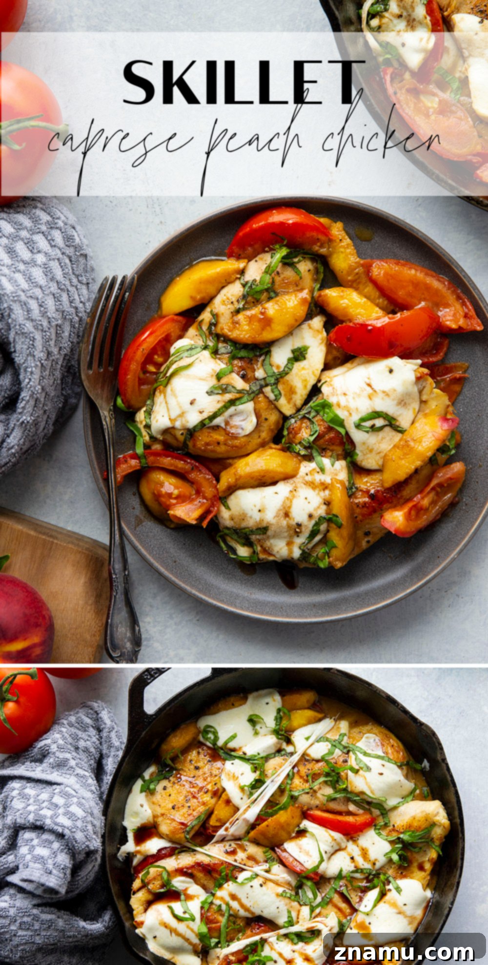 One-Pan Peach Caprese Chicken 7 Final plated serving of Caprese Peach Chicken, garnished with extra basil and balsamic glaze.