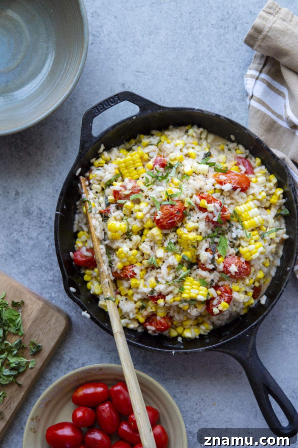 Golden Corn Risotto with Sun-Kissed Tomatoes 3 Close-up of creamy sweet corn risotto with cherry tomatoes and fresh herbs, perfect for summer.