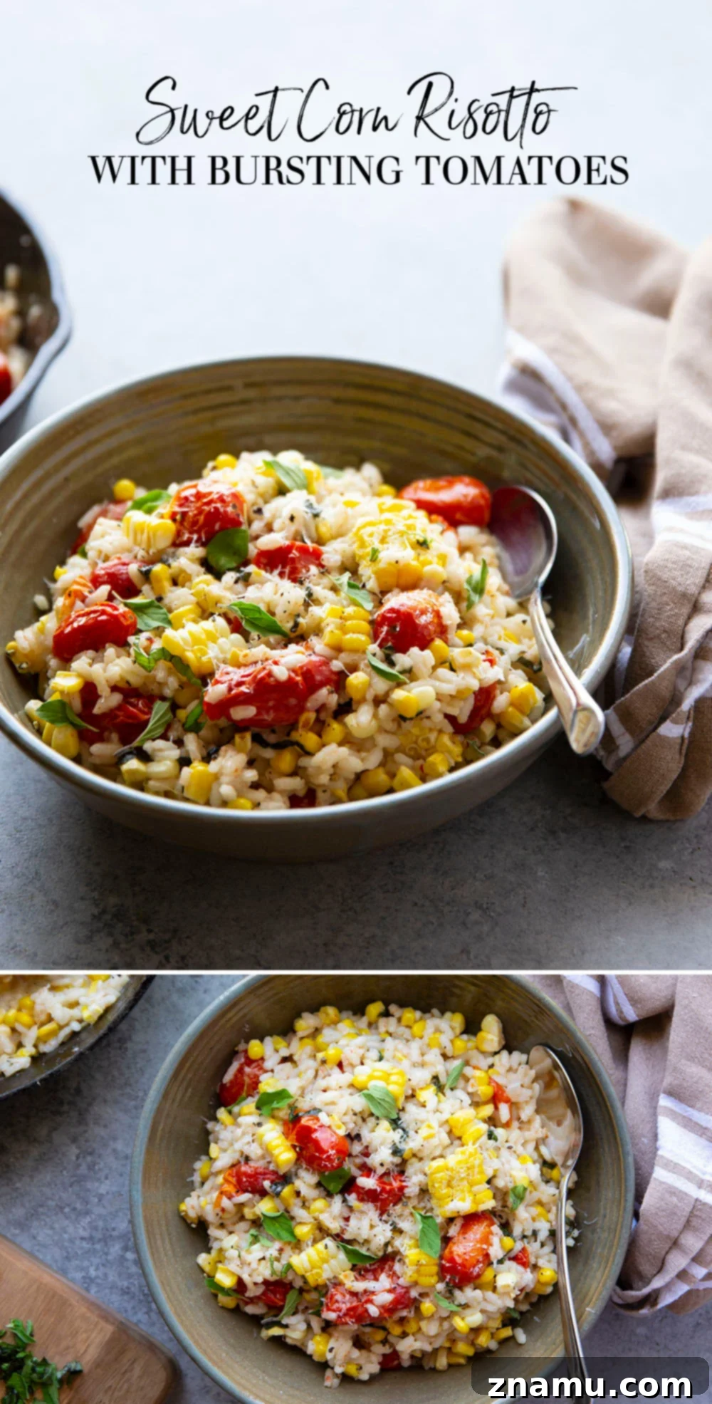 Golden Corn Risotto with Sun-Kissed Tomatoes 7 A beautifully plated bowl of sweet corn risotto with cherry tomatoes and fresh garnish.