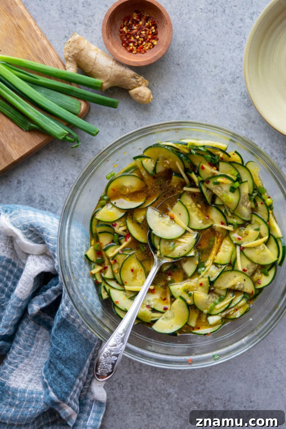 Refreshing Cucumber Ginger Salad 5 Marinated in a spicy ginger dressing and packed with crisp cucumbers, this cucumber ginger salad is a fast summer salad to pull off and perfect for an abundance of cucumbers!