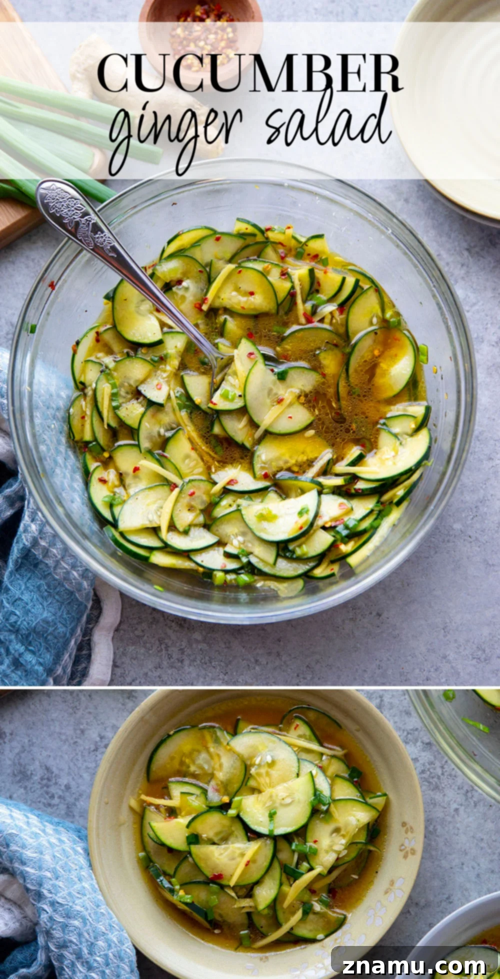 Refreshing Cucumber Ginger Salad 7 Marinated in a spicy ginger dressing and packed with crisp cucumbers, this cucumber ginger salad is a fast summer salad to pull off and perfect for an abundance of cucumbers!
