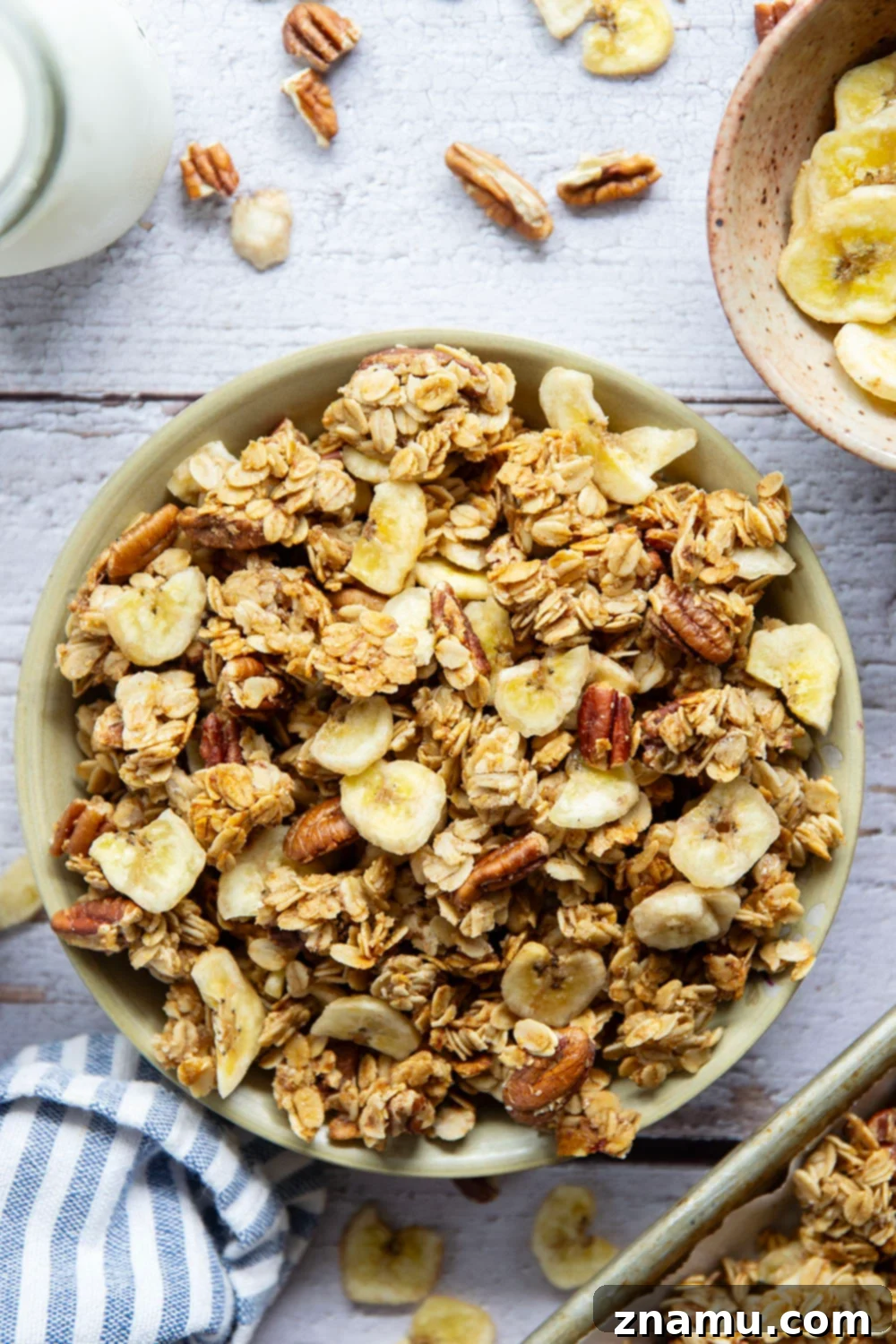 Wholesome Banana Pecan Granola 2 Perfectly crunchy homemade banana pecan granola with the delicious combination of sweet bananas and crunchy pecans - you'll never buy store-bought granola again!