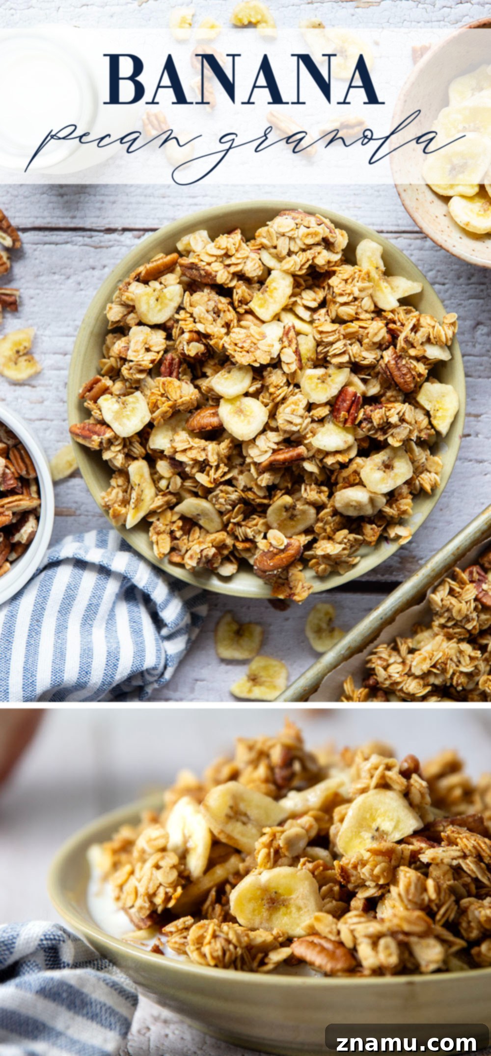 Wholesome Banana Pecan Granola 7 Perfectly crunchy homemade banana pecan granola with the delicious combination of sweet bananas and crunchy pecans - you'll never buy store-bought granola again!