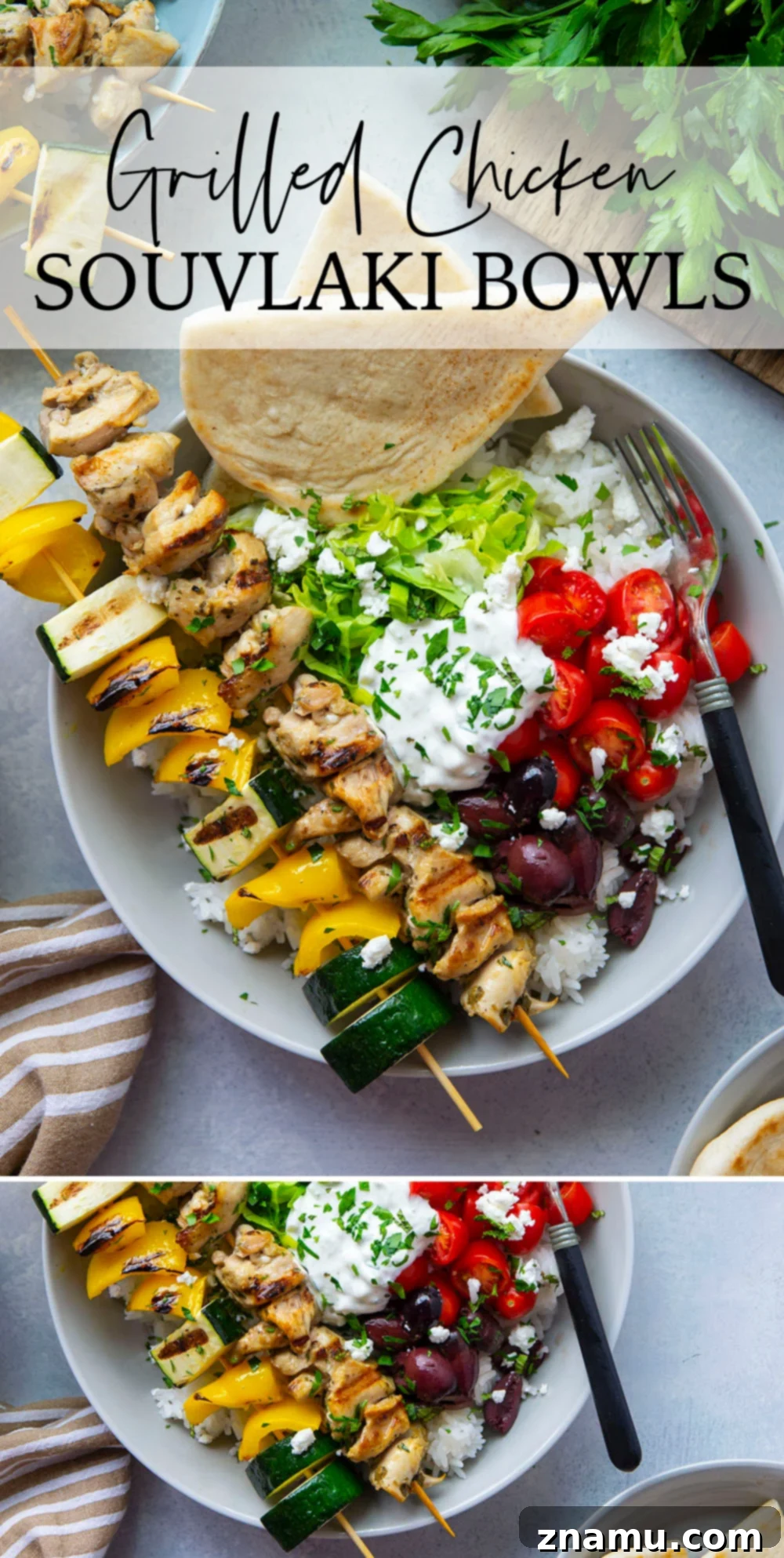Zesty Grilled Chicken Souvlaki Bowls 7 These chicken souvlaki bowls feature flavorful grilled chicken and vegetable skewers in hearty rice bowls with homemade tzatziki sauce and lots of toppings.