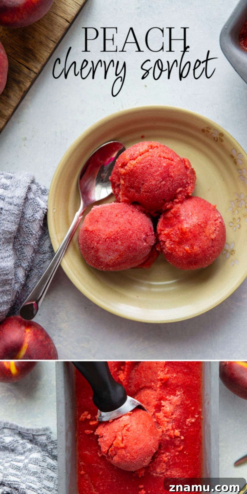 Refreshing Peach Cherry Sorbet 7 An overhead shot of two bowls of peach cherry sorbet, adorned with fresh fruit, ready to be enjoyed as a refreshing dessert.
