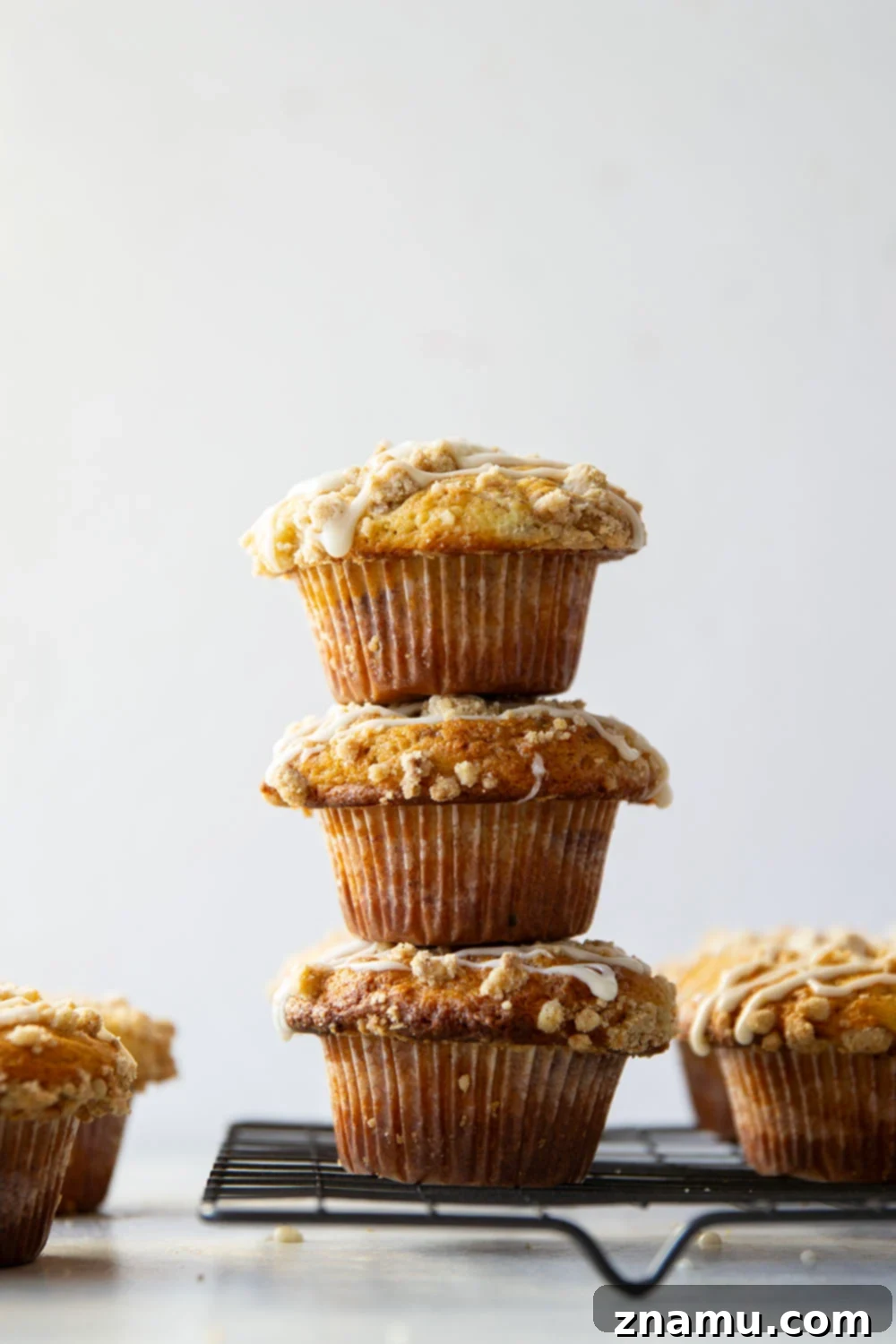 Streusel Coffee Cake Muffins 2 Irresistible Coffee Cake Muffins with a golden streusel topping and sweet vanilla glaze, perfect for breakfast or a sweet treat.
