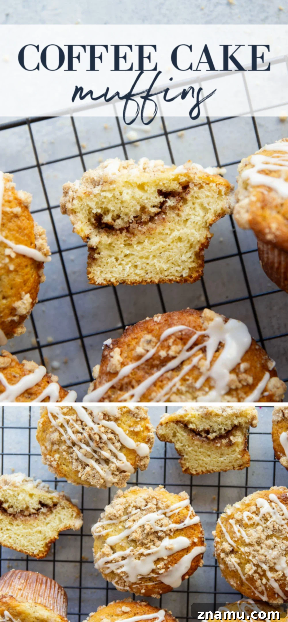 Streusel Coffee Cake Muffins 7 An array of freshly baked Coffee Cake Muffins with a thick vanilla glaze, presented beautifully.