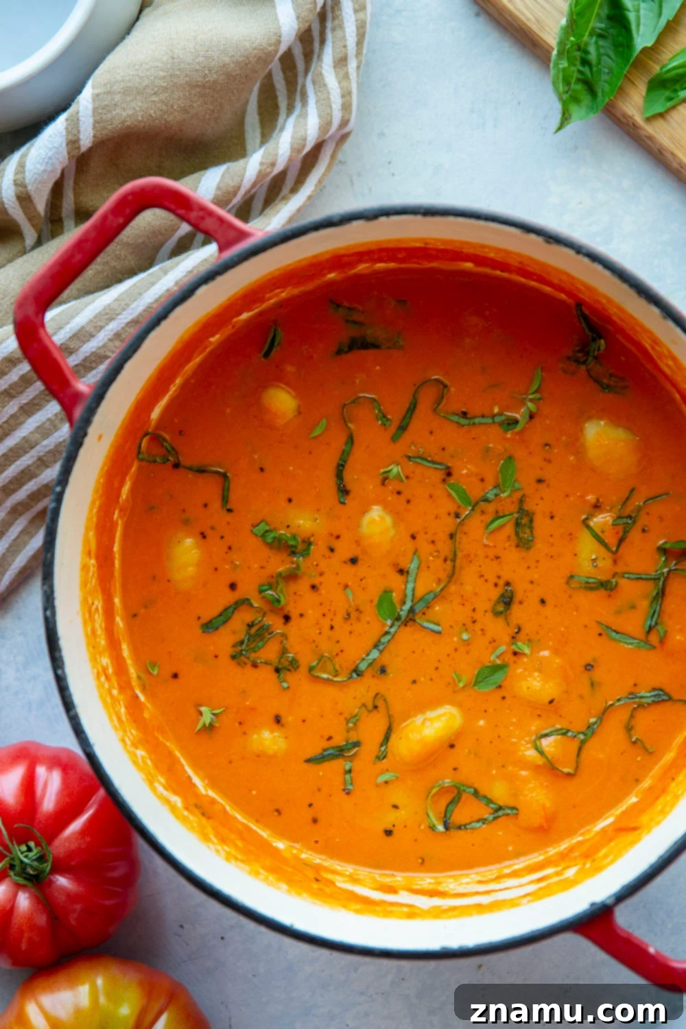 Velvet Tomato Gnocchi Soup 3 Serve with a classic grilled cheese, this Roasted Tomato Gnocchi Soup offers soft gnocchi in a rich tomato base from fresh roasted tomatoes. Ready quickly and a guaranteed favorite!