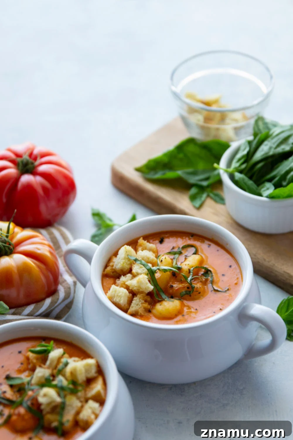 Velvet Tomato Gnocchi Soup 6 Serve up a hearty bowl of Roasted Tomato Gnocchi Soup, a creamy blend of fresh roasted tomatoes and tender gnocchi. Perfect for any meal, this quick and easy recipe is a true comfort food delight.