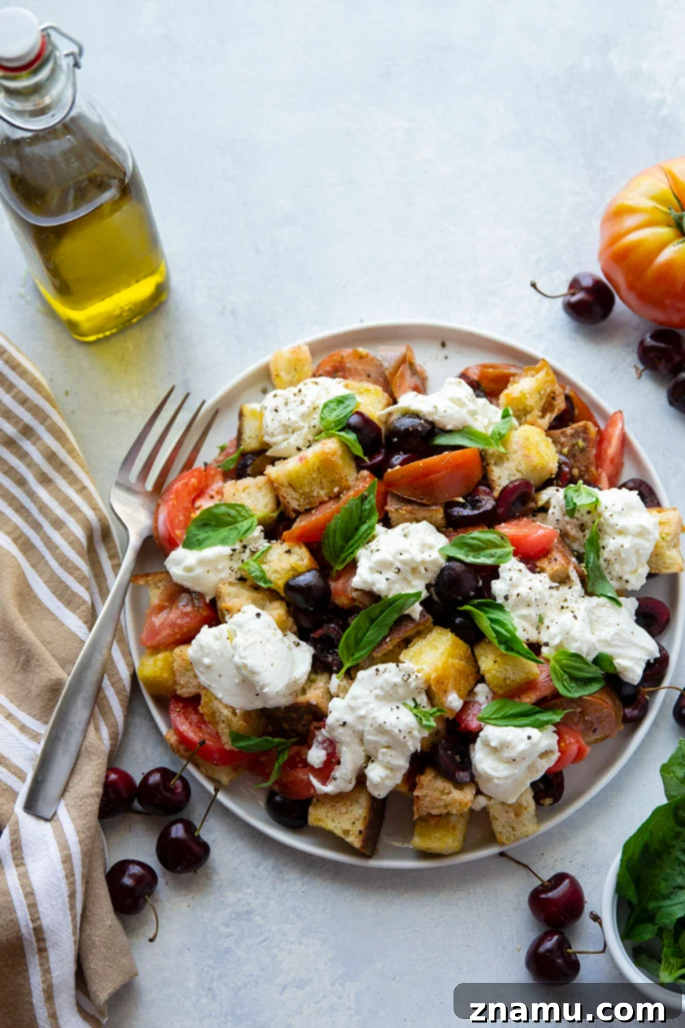 Vibrant Burrata & Cherry Panzanella 6 A vibrant platter of Cherry Burrata Panzanella Salad, beautifully arranged with colorful ingredients, ready to be served.