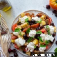 Vibrant Burrata & Cherry Panzanella 8 Cherry Burrata Panzanella Salad with toasted bread, cherries, tomatoes, and burrata.