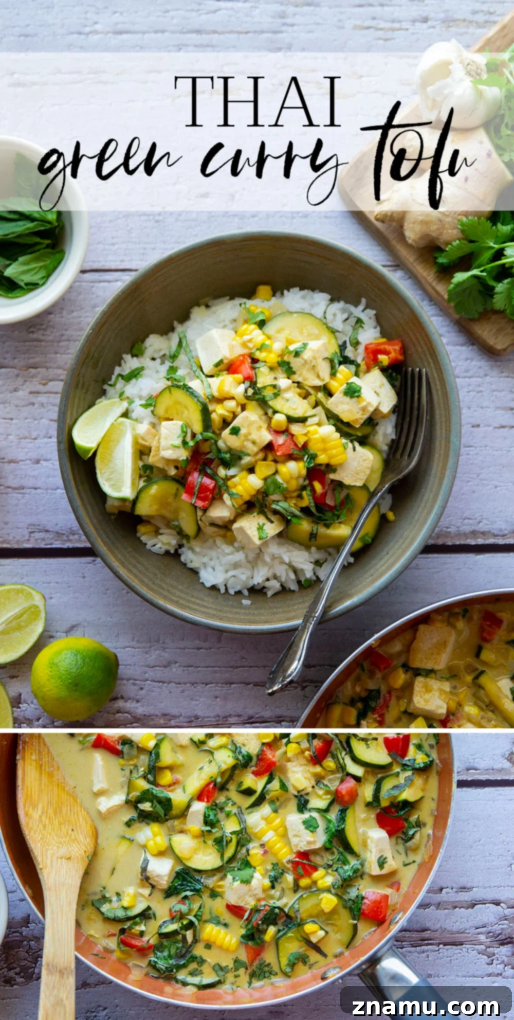 A final close-up of the delicious Thai green curry tofu in a serving bowl.