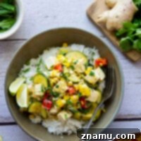 Delicious Thai Green Curry Tofu with Sweet Corn, a perfect summer meal.