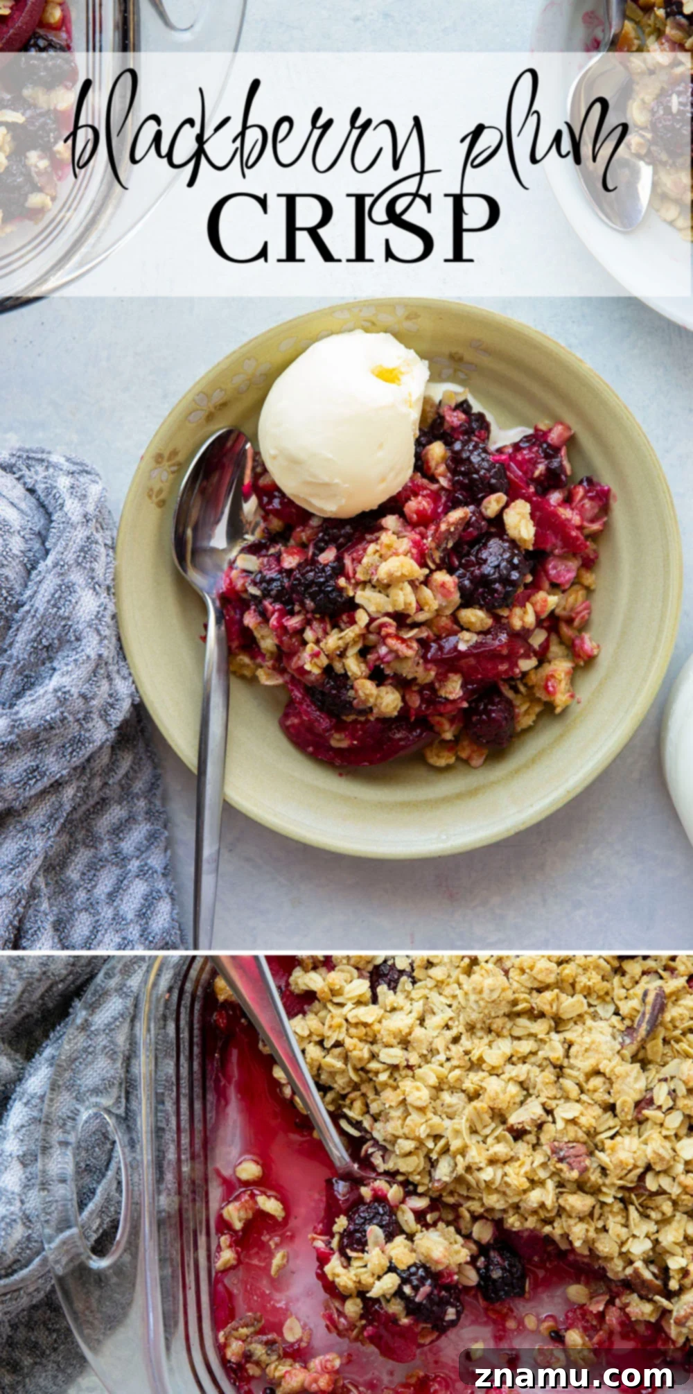 Ruby Harvest Crisp 7 An overhead shot of a freshly baked Blackberry Plum Crisp, with a perfectly golden and crumbly streusel topping, cooling in a baking dish.