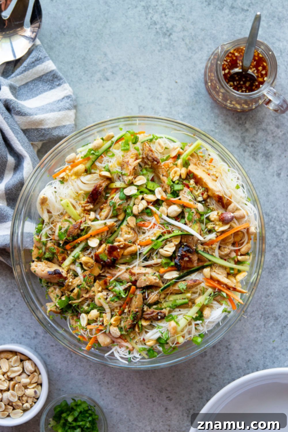 Chargrilled Chicken Vietnamese Noodle Bowl 2 A refreshing Vietnamese Noodle Salad with grilled chicken, vermicelli, and fresh vegetables.