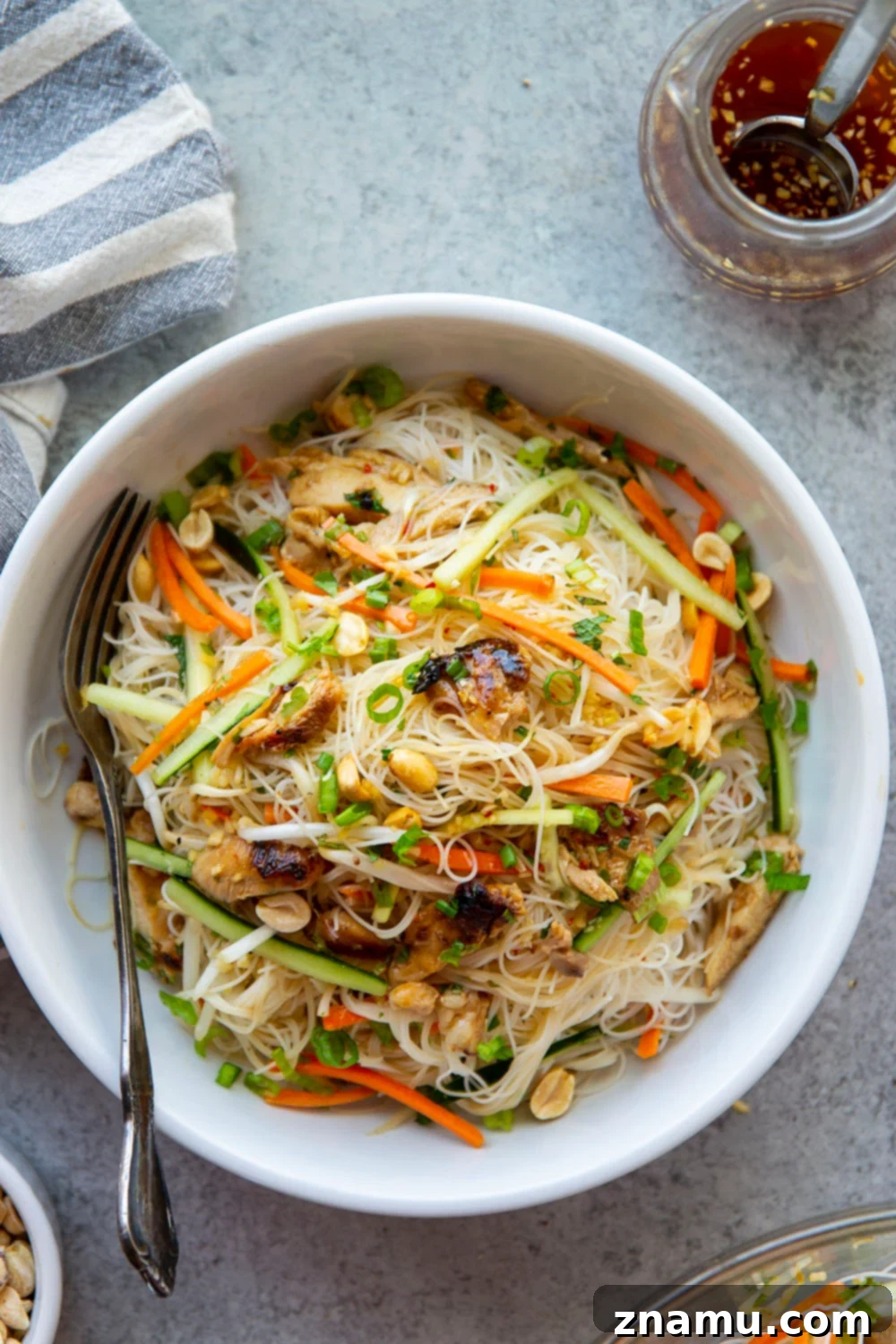 Chargrilled Chicken Vietnamese Noodle Bowl 6 A bowl of Vietnamese Noodle Salad with grilled chicken and fresh herbs, ready to be served.