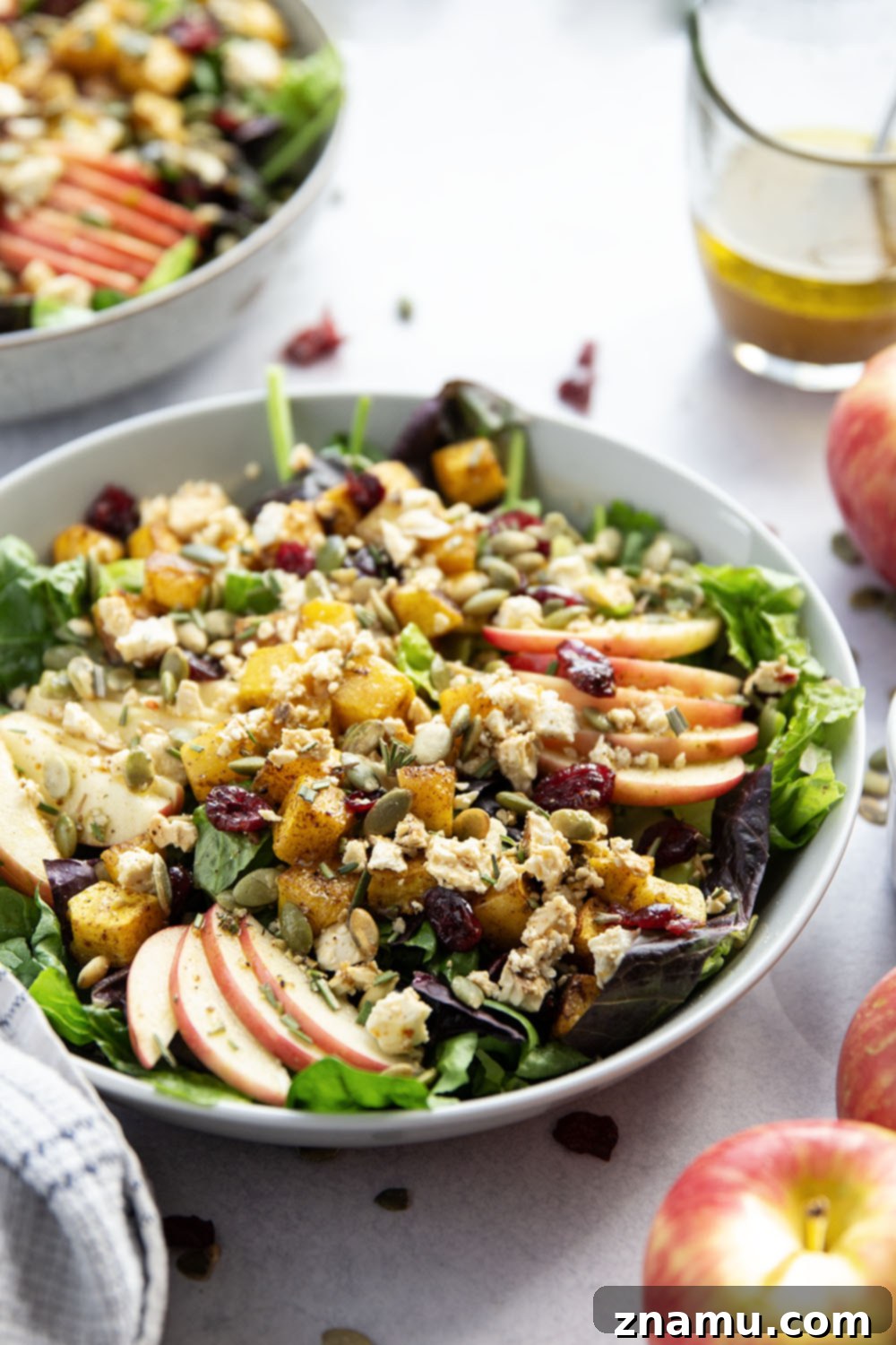 Maple Roasted Butternut Harvest Salad 3 Close-up of a colorful roasted butternut squash salad with fresh greens, apples, and feta cheese.