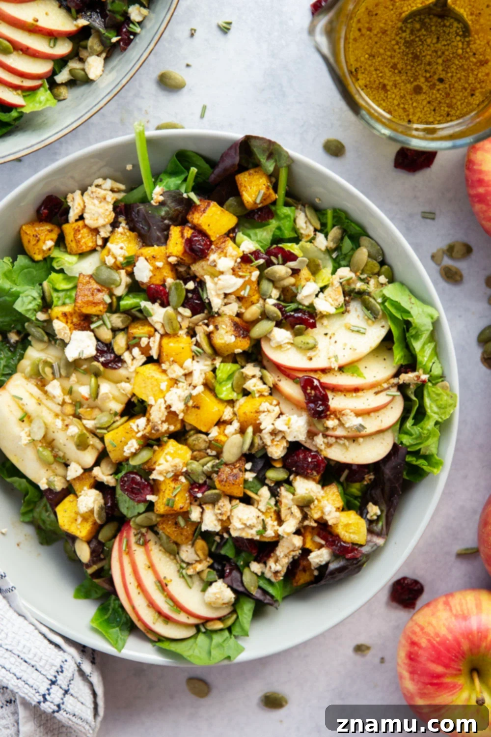 Maple Roasted Butternut Harvest Salad 6 A beautifully composed roasted butternut squash salad with vibrant colors, ready to be served.