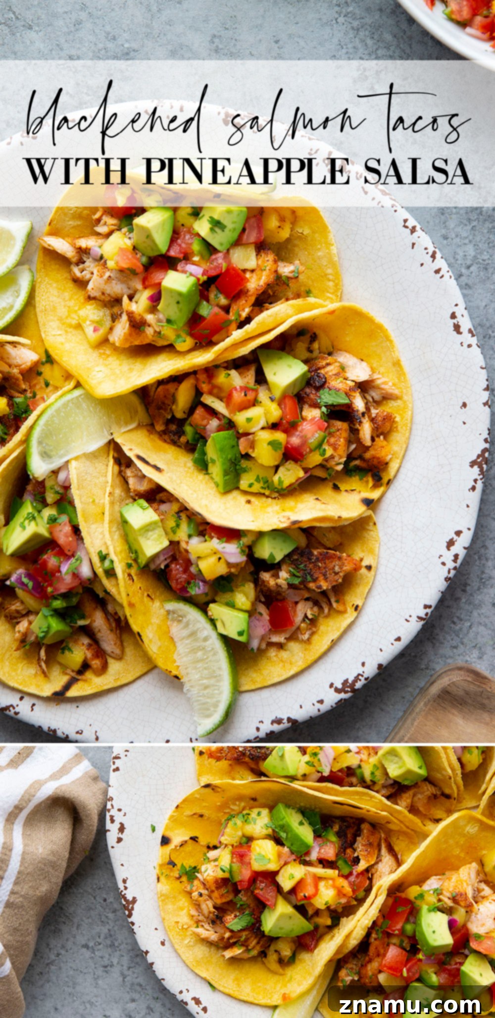Smoky Salmon Tacos with Bright Pineapple Salsa 7 Overhead shot of two Blackened Salmon Tacos, overflowing with blackened salmon, grilled pineapple salsa, and avocado, on a rustic background.