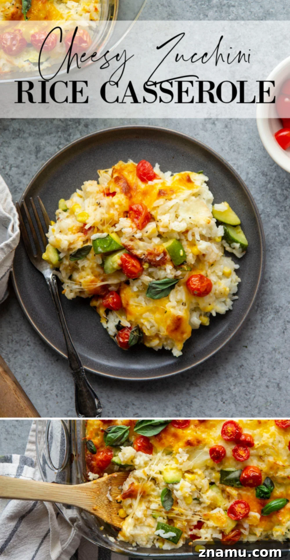 Golden Cheesy Zucchini Rice Bake 7 Loaded with cheese and lots of tender zucchini, this cheesy zucchini rice casserole is the perfect use for extra zucchini and the easiest comfort food to make with leftover rice!