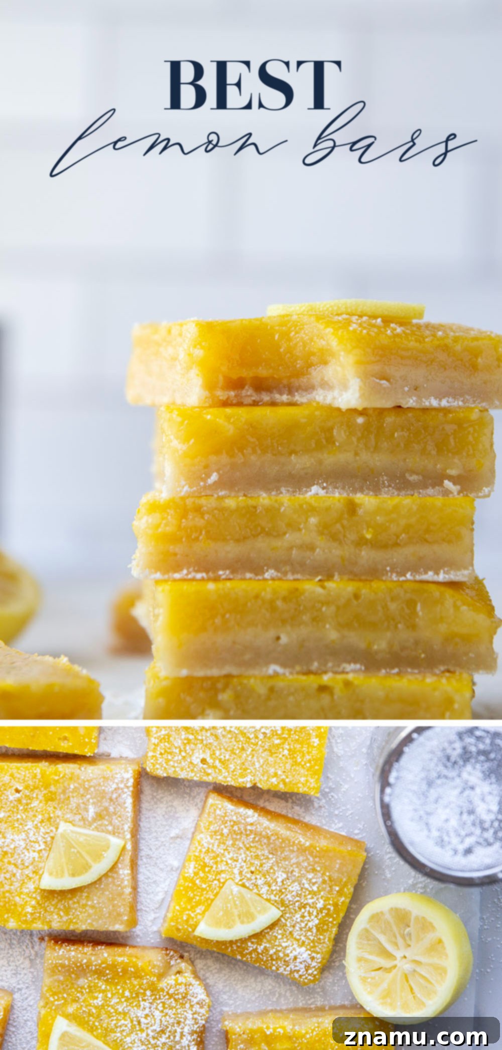 Perfect Lemon Bars 8 A large pan of freshly baked lemon bars, cut into squares, with some removed to show the layers.
