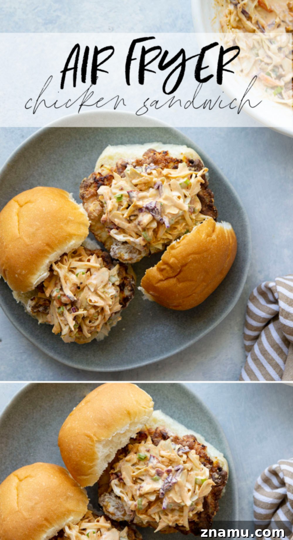 Crispy Air-Fried Chicken Sandwich with Smoky Chipotle Slaw 7 Four delicious Air Fryer Chicken Sandwiches, perfectly assembled with crispy chicken and chipotle slaw.