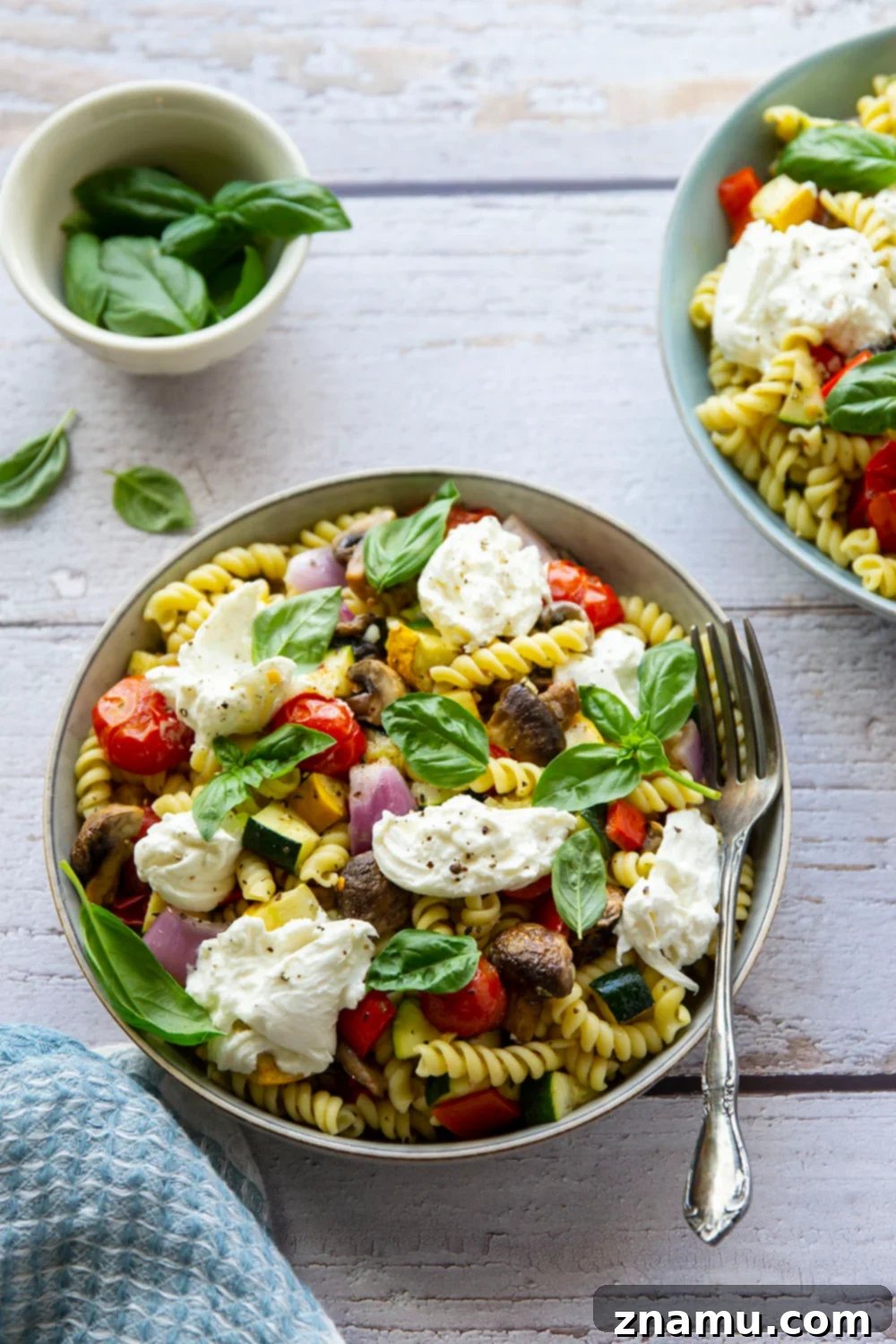 Sun-Drenched Roasted Vegetables & Burrata Pasta 3 This roasted vegetable pasta features a rainbow of tender roasted summer vegetables tossed with pasta and topped with lots of fresh basil and burrata cheese.