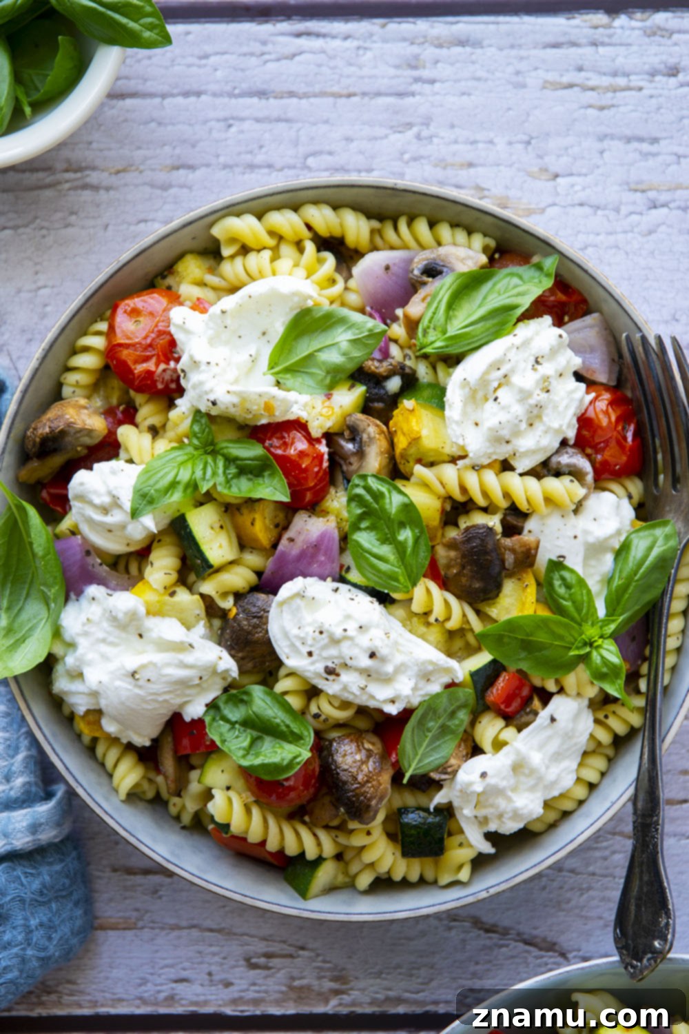 Sun-Drenched Roasted Vegetables & Burrata Pasta 5 This roasted vegetable pasta features a rainbow of tender roasted summer vegetables tossed with pasta and topped with lots of fresh basil and burrata cheese.