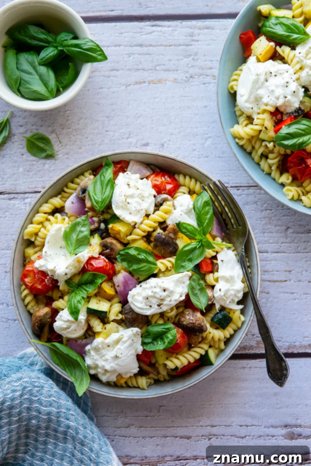 Sun-Drenched Roasted Vegetables & Burrata Pasta 6 This roasted vegetable pasta features a rainbow of tender roasted summer vegetables tossed with pasta and topped with lots of fresh basil and burrata cheese.