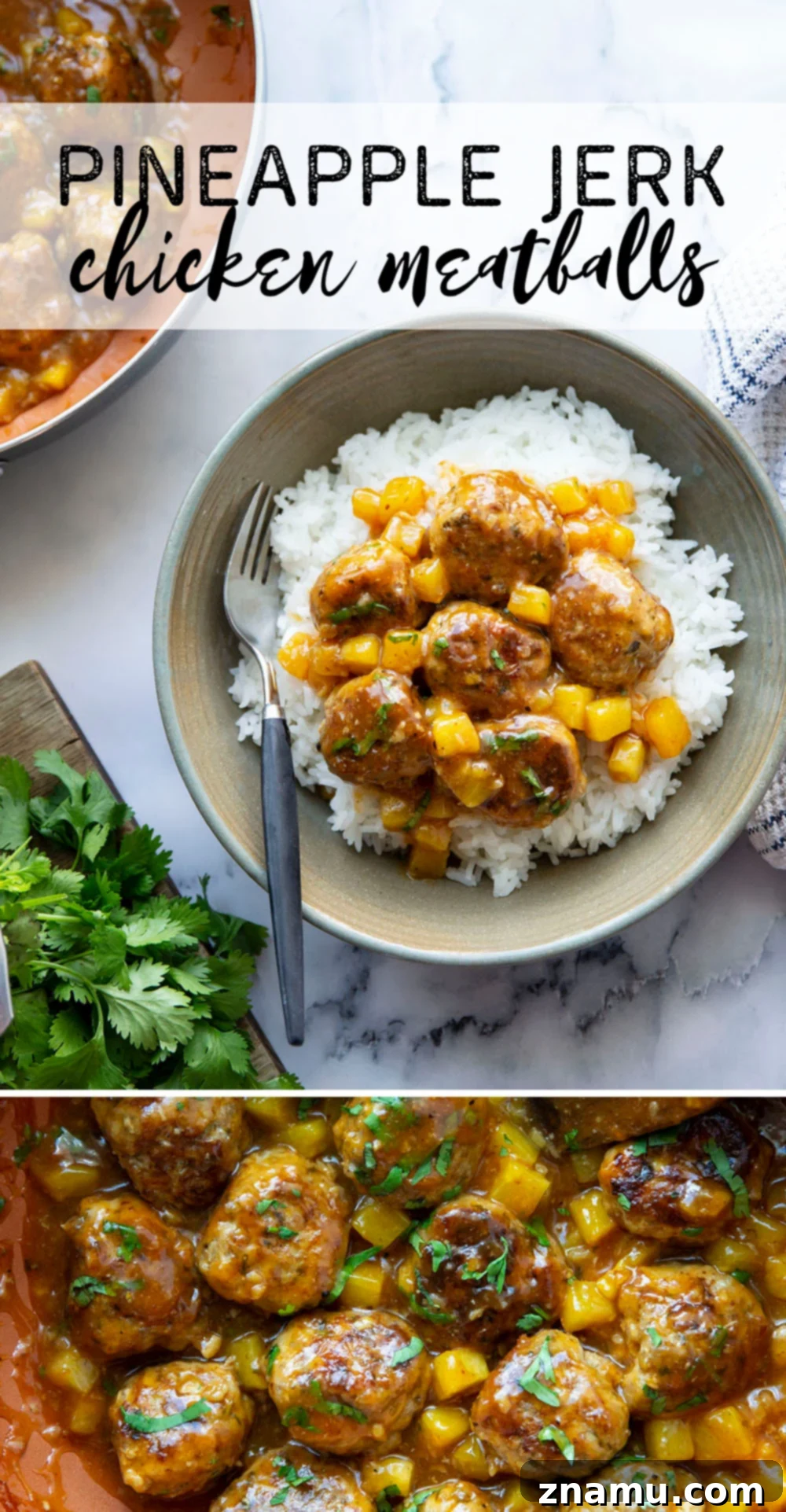 Pineapple Glazed Jerk Chicken Bites 7 Spicy jerk chicken meatballs simmered in a sweet and perfectly sticky pineapple sauce are packed full of flavor and heavenly served over fluffy rice!