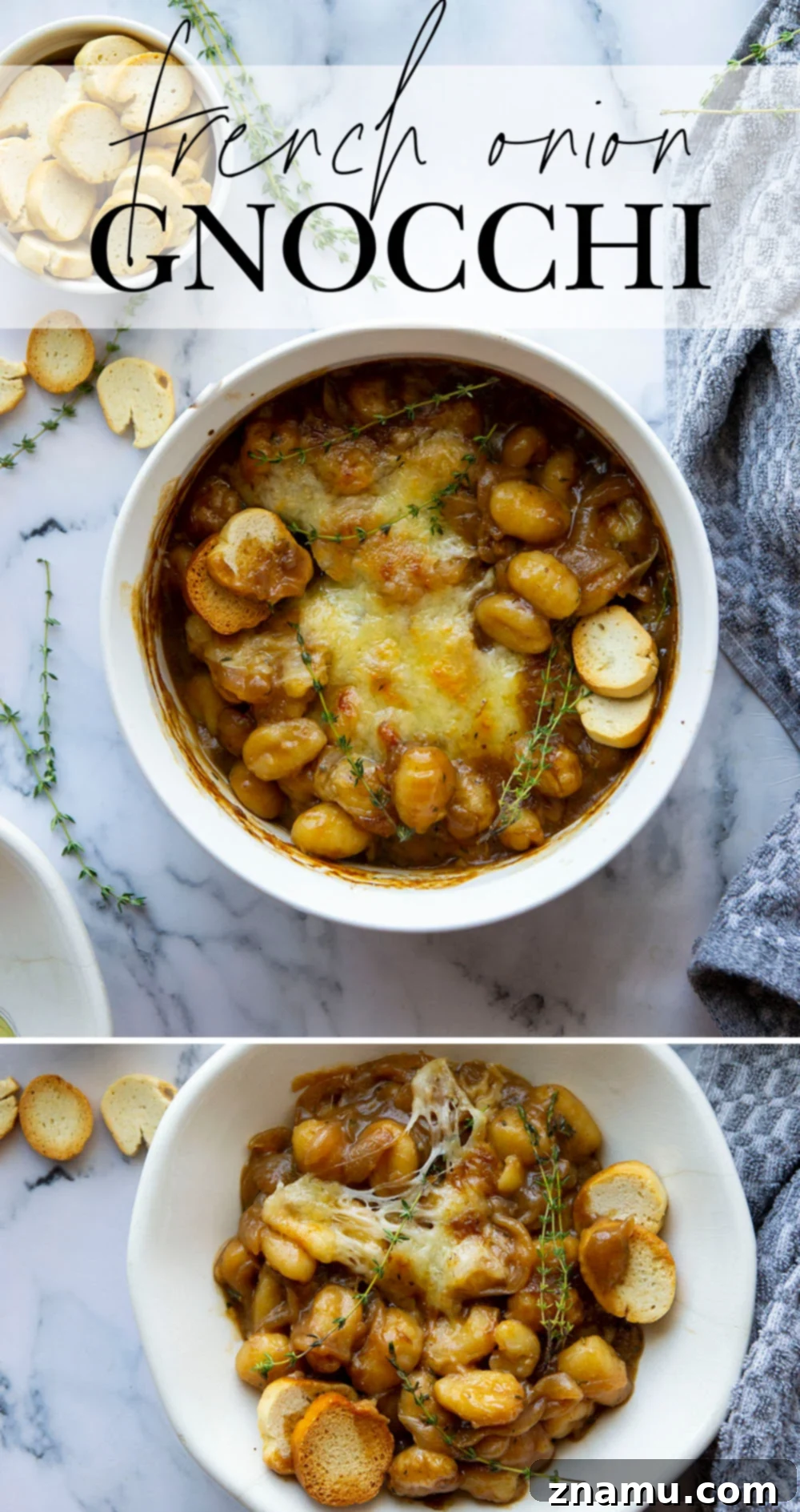 Savory Onion Gnocchi Gratin 7 This baked French onion gnocchi is like a heartier version of the classic soup! Tender gnocchi is baked in a flavorful caramelized onion beef broth with lots of rich cheese on top and French bread slices for dipping.