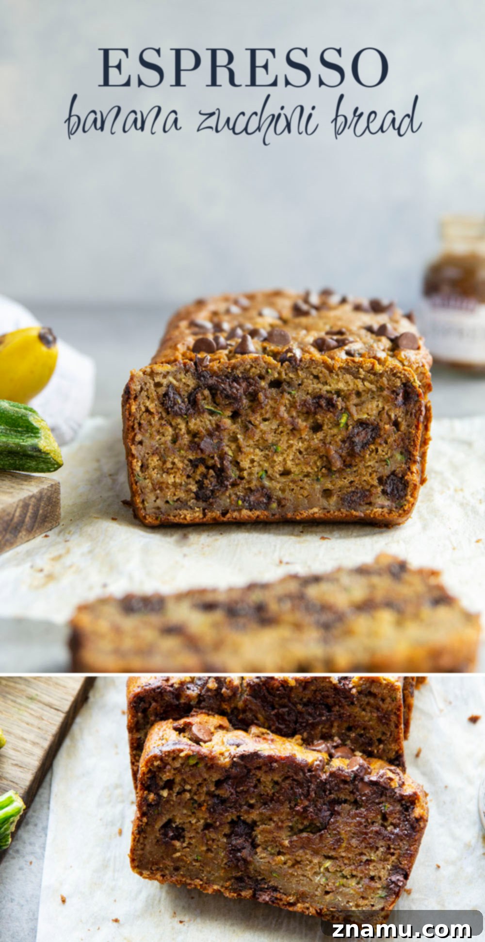 Espresso Infused Banana Zucchini Bread 7 A delicious slice of Espresso Banana Zucchini Bread presented beautifully on a plate.