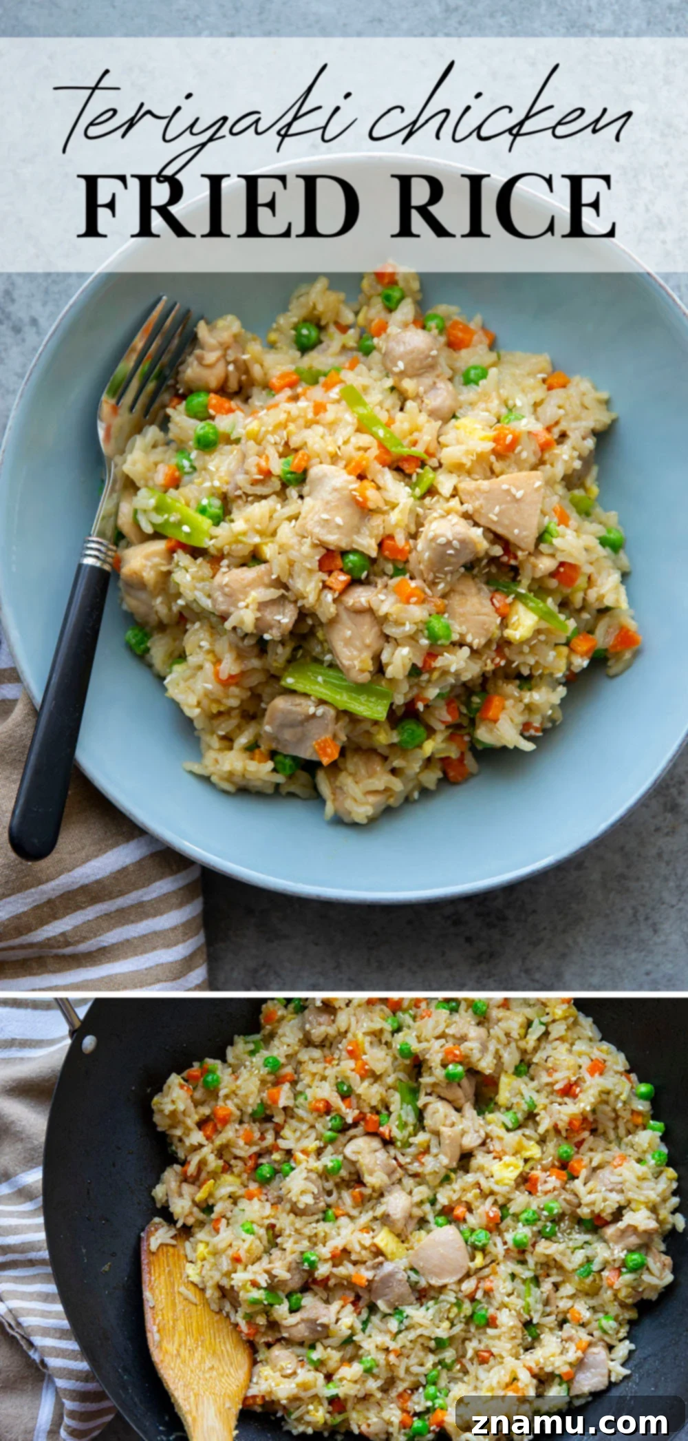 Glazed Teriyaki Chicken Fried Rice 7 This teriyaki chicken fried rice features saucy homemade teriyaki chicken folded into a flavorful veggie-loaded fried rice. Ready in under an hour and the perfect use for leftover rice!