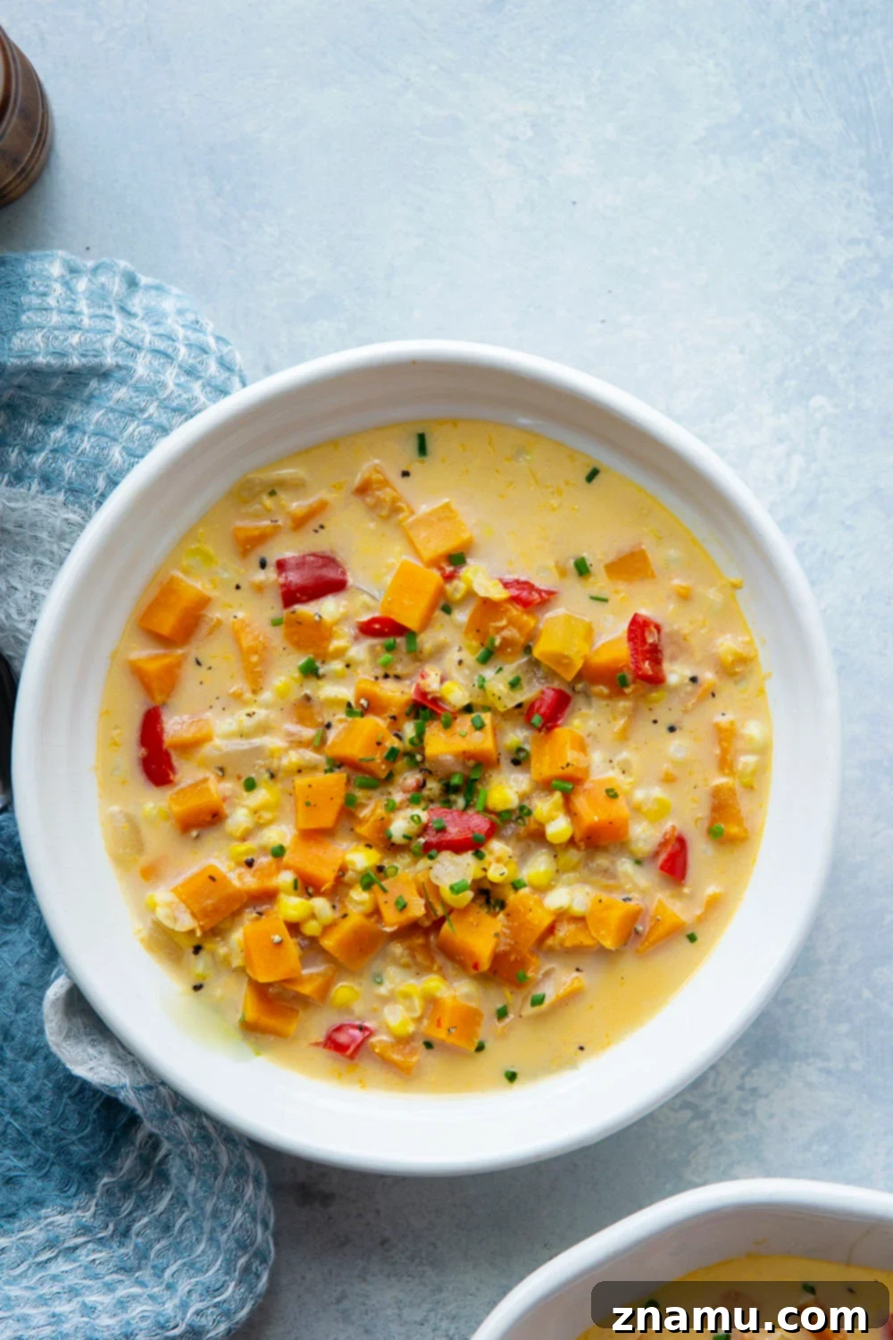 Hearty Sweet Potato Corn Chowder 3 Loaded with sweet corn and tender sweet potato chunks, this sweet potato corn chowder is a healthier version of the classic soup and the perfect use for extra sweet corn!