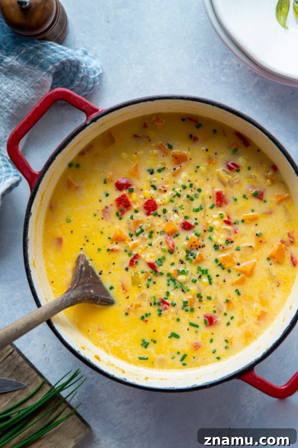 Hearty Sweet Potato Corn Chowder 5 Loaded with sweet corn and tender sweet potato chunks, this sweet potato corn chowder is a healthier version of the classic soup and the perfect use for extra sweet corn!