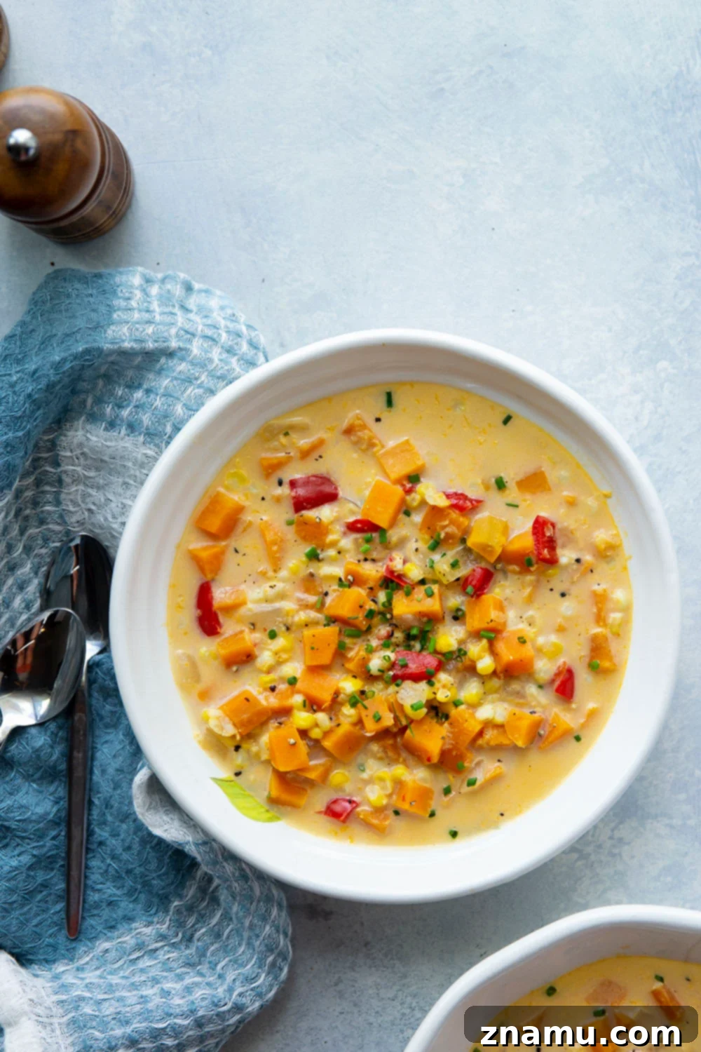 Hearty Sweet Potato Corn Chowder 6 Loaded with sweet corn and tender sweet potato chunks, this sweet potato corn chowder is a healthier version of the classic soup and the perfect use for extra sweet corn!