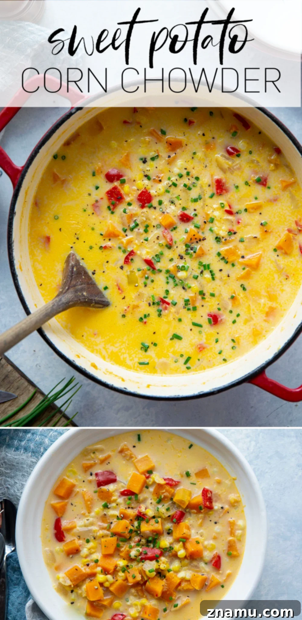 Hearty Sweet Potato Corn Chowder 7 Loaded with sweet corn and tender sweet potato chunks, this sweet potato corn chowder is a healthier version of the classic soup and the perfect use for extra sweet corn!