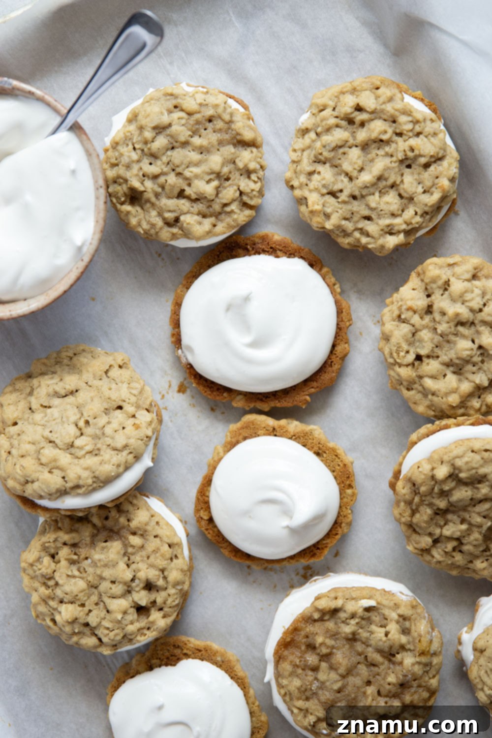 Homemade Oatmeal Creamy Delights 6 A plate of homemade oatmeal cream pies, ready to be enjoyed