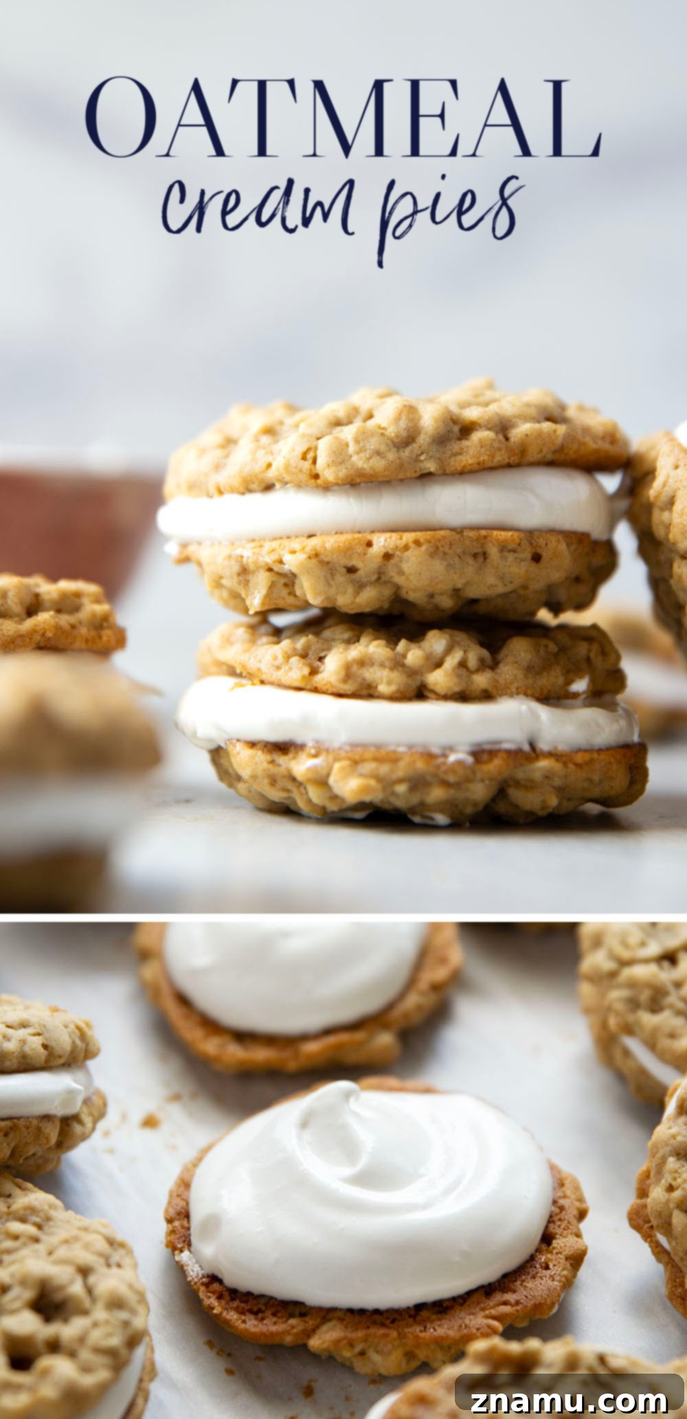 Homemade Oatmeal Creamy Delights 7 Six homemade oatmeal cream pies arranged on a wooden board