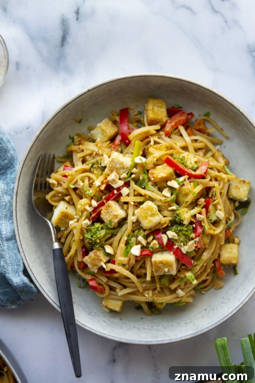 Creamy Peanut Satay Tofu Noodles 6 Full pan of Peanut Satay Noodles with crispy tofu, ready to serve.