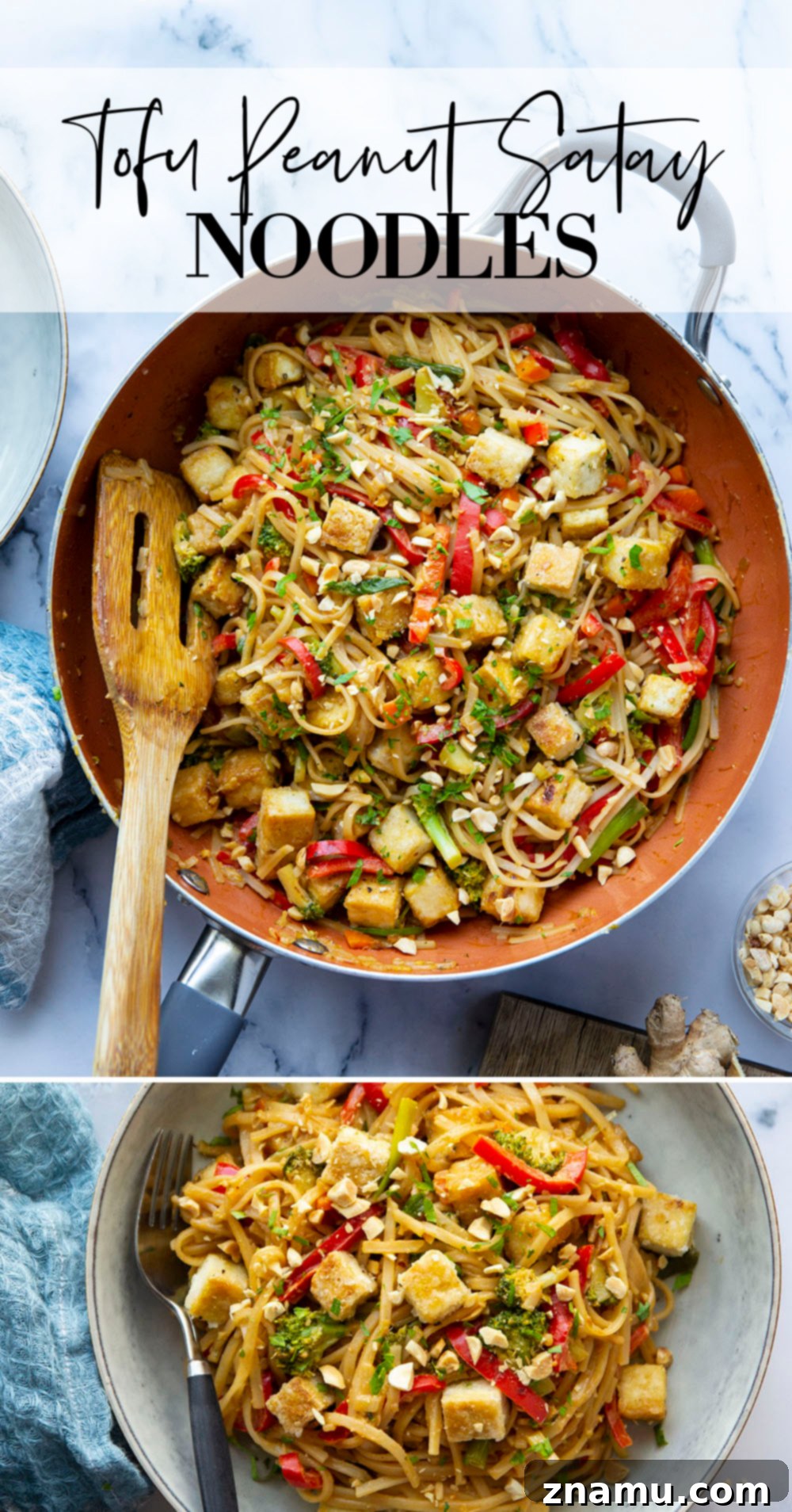 Creamy Peanut Satay Tofu Noodles 7 Top-down view of a large serving bowl filled with Peanut Satay Noodles.