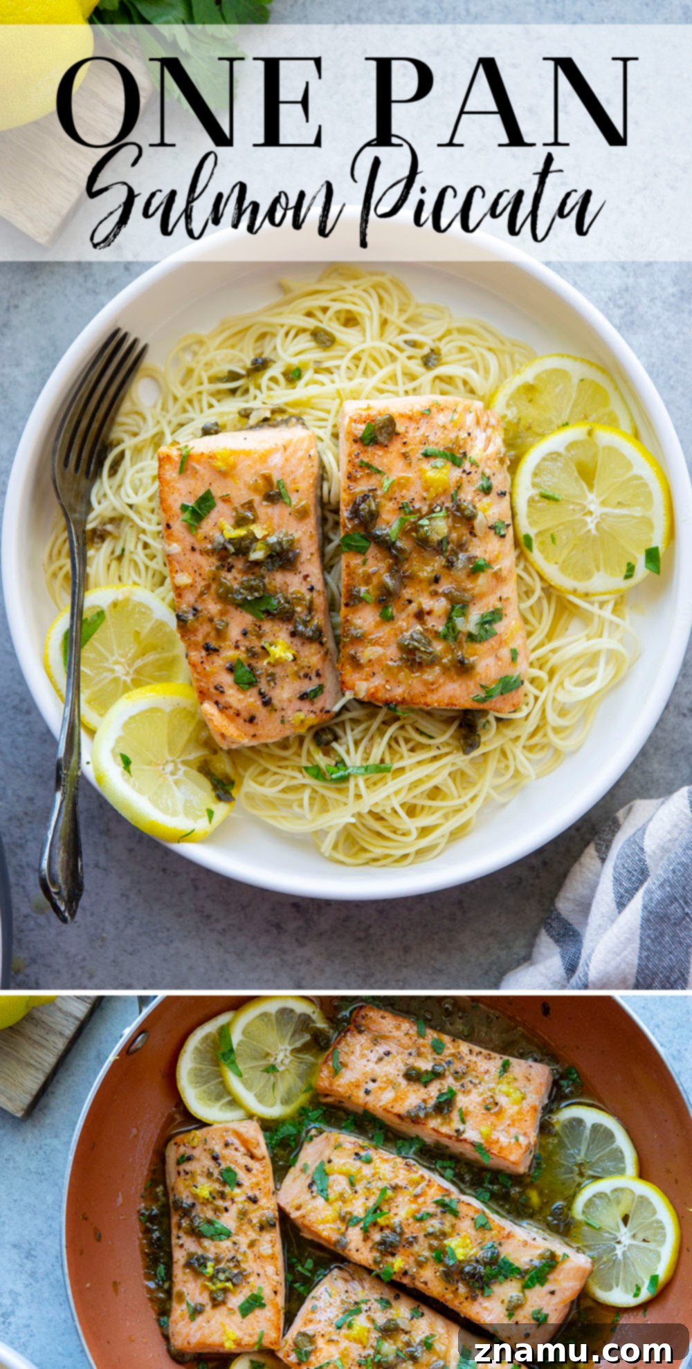 Weeknight Salmon Piccata Skillet 7 Plated One Pan Salmon Piccata with a side of green beans.