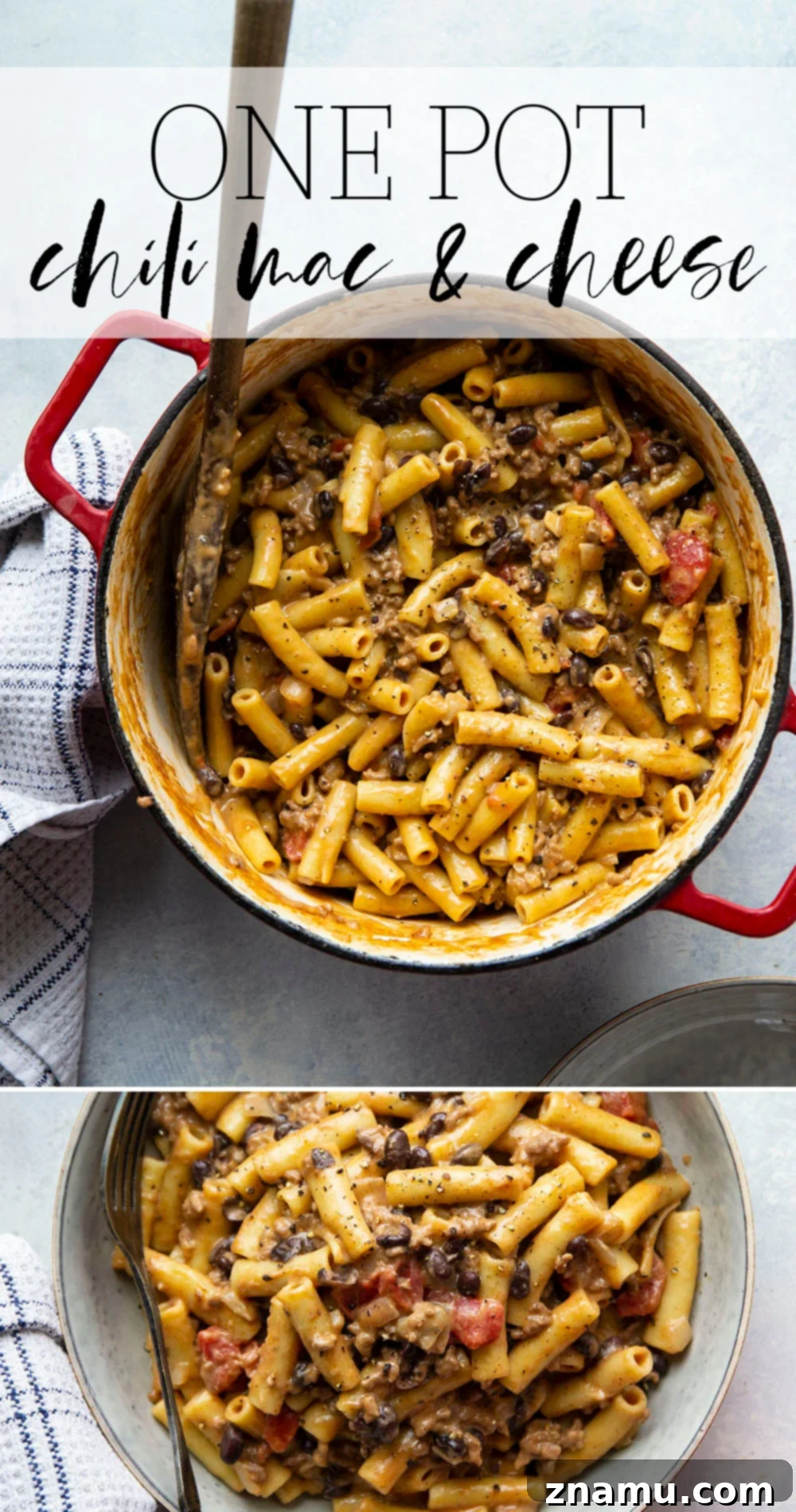 Easy One-Pot Chili Mac and Cheese 7 Hearty chili and rich mac 'n' cheese collide in this one pot chili mac and cheese that comes together in only 40 minutes with a handful of ingredients!