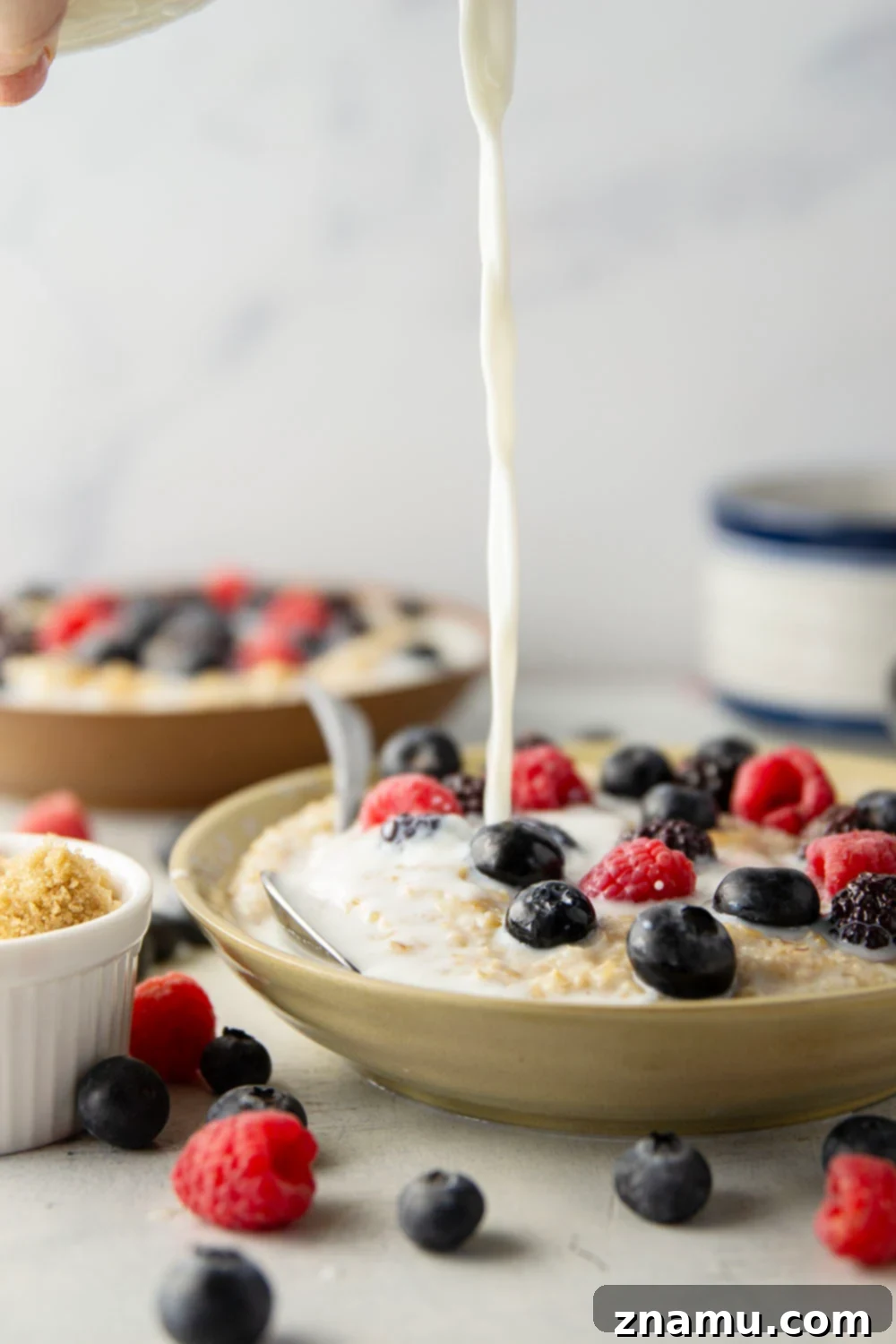 The Secret to Irresistible Steel-Cut Oats 6 A beautifully garnished bowl of steel cut oats with berries, nuts, and a drizzle.