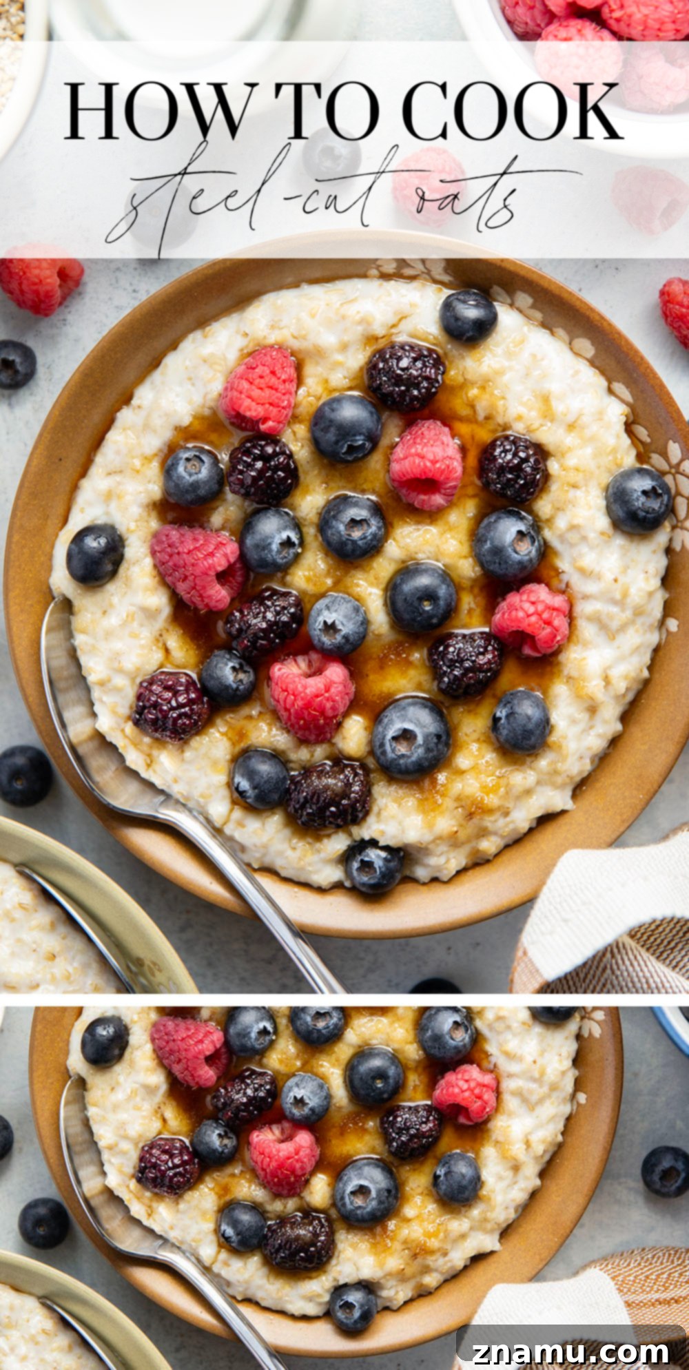 The Secret to Irresistible Steel-Cut Oats 7 Final plated steel cut oats with a variety of colorful toppings.