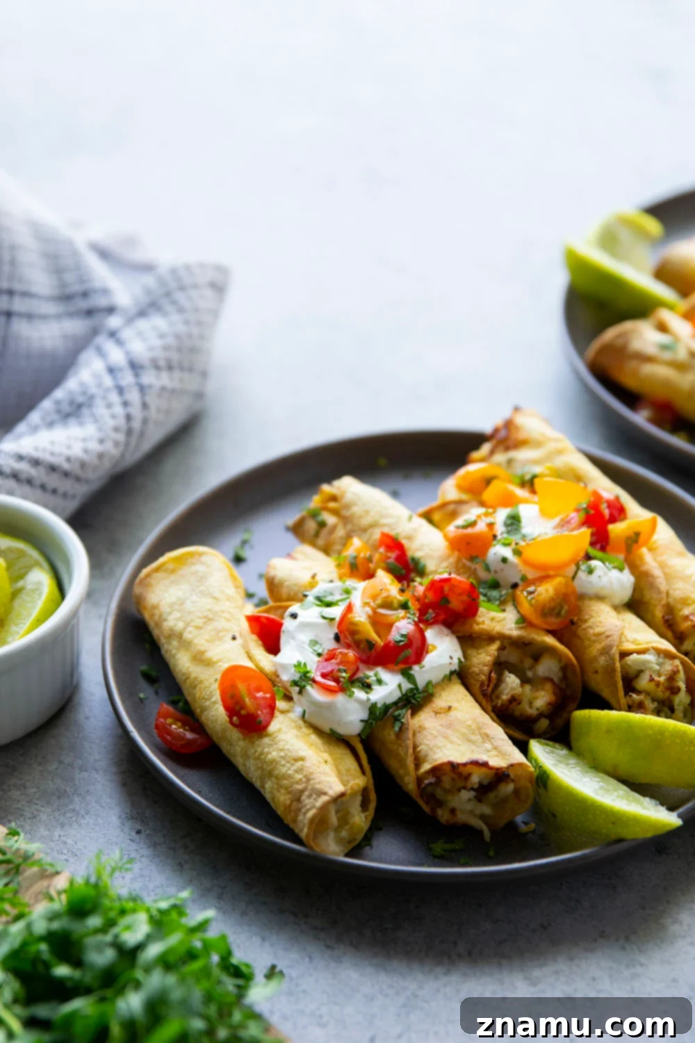 Homemade air fryer green chile chicken taquitos stacked on a plate with fresh ingredients