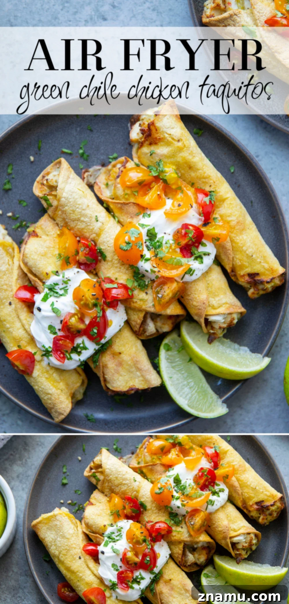 Beautifully arranged air fryer green chile chicken taquitos on a serving board